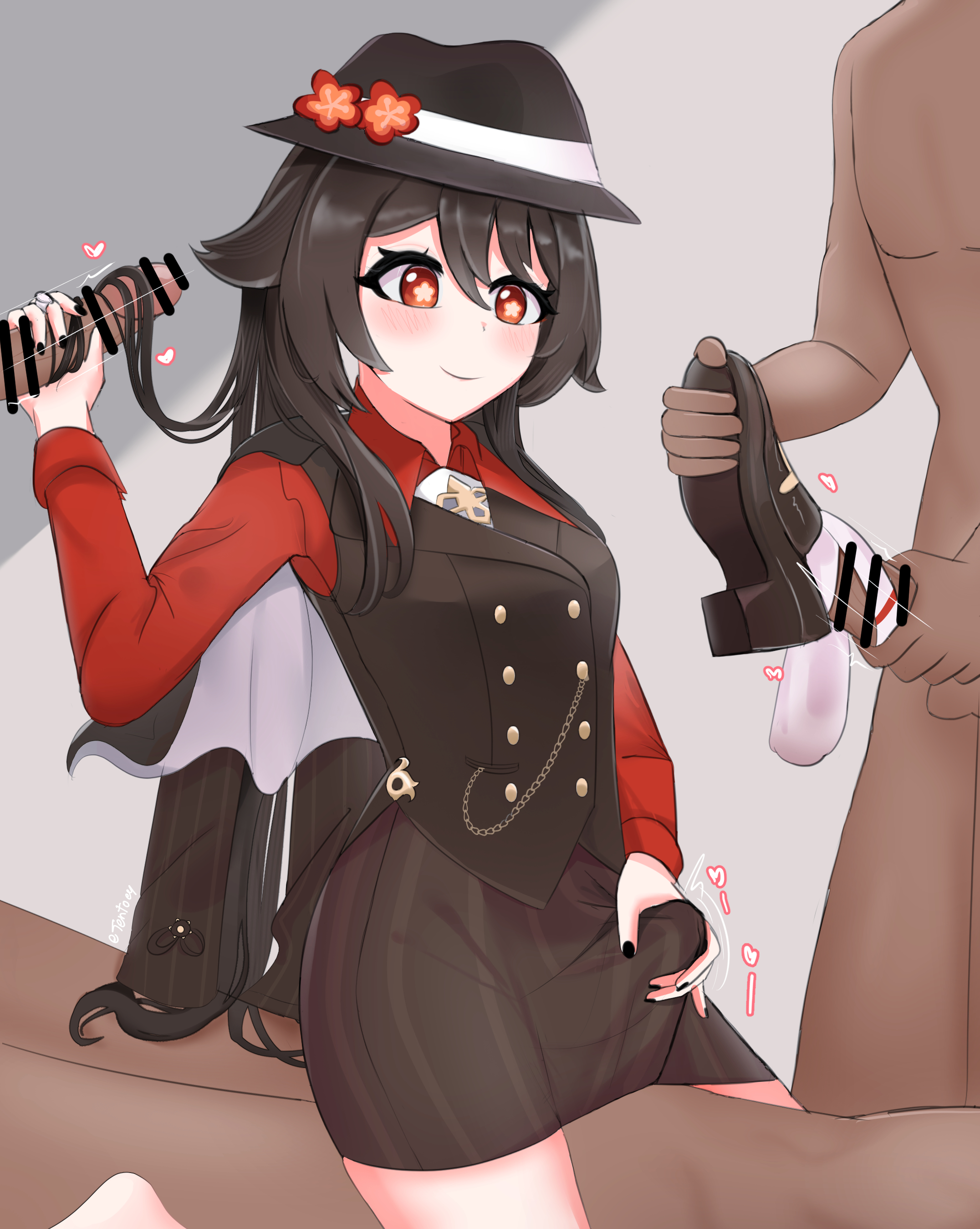 1girls, 3boys, clothed female nude male, female, genshin impact, hairjob, hu tao (genshin impact), male, multiple boys, multiple males, multiple penises, pencil skirt, penis, red shirt, skirtjob, sockjob, waistcoat, white necktie
