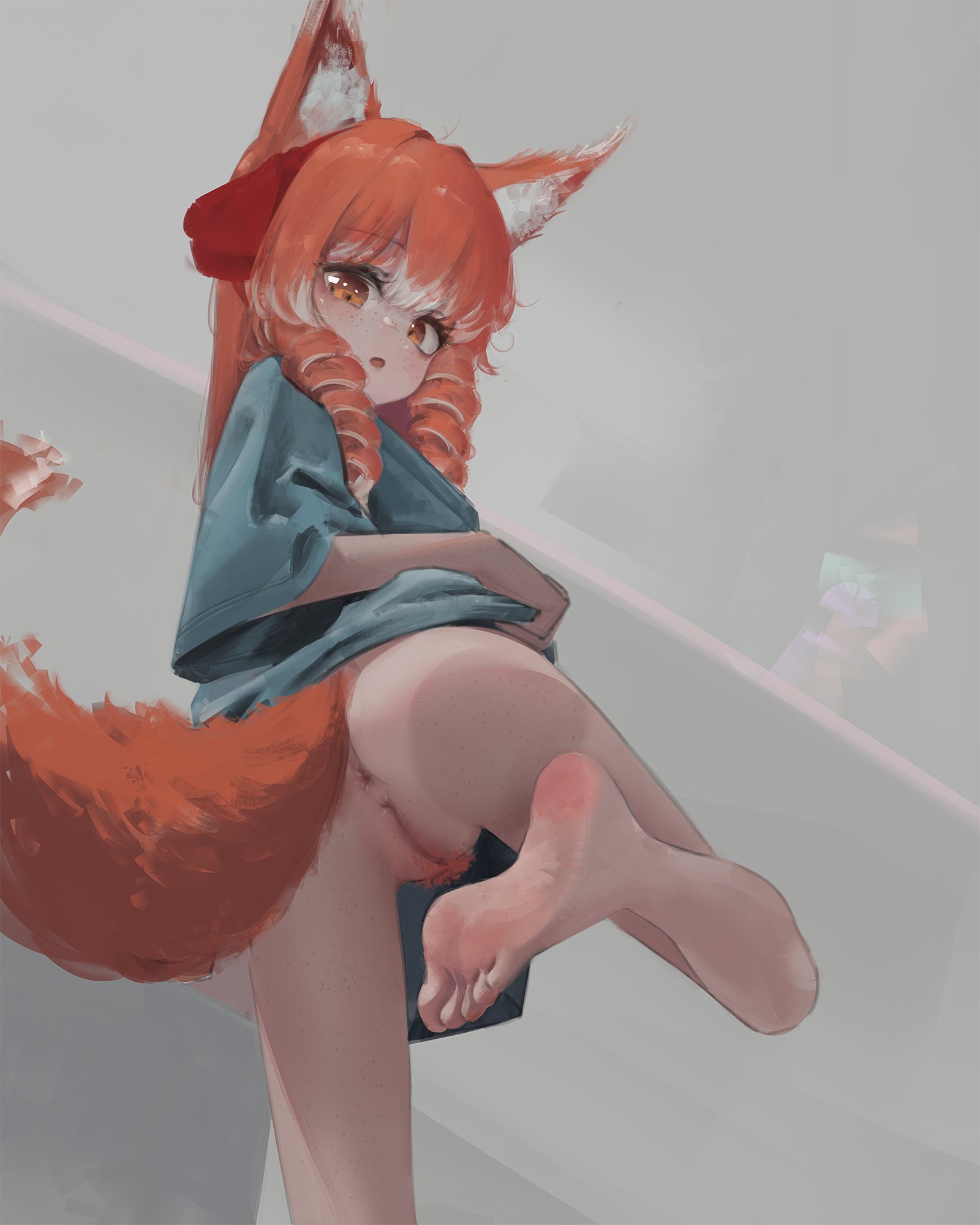 animal ears, anus, ass, barefoot, bottomless, bow, butt, clothes lift, clothing cutout, female, fox ears, fox girl, fox tail, from behind, from below, highres, leg cutout, leg up, lifting own clothes, looking at viewer, looking back, non-web source, nude, poppytart, pubic hair, pussy, red bow, red hair, shiny eyes, shirt, soles, standing, standing on one leg, tail, tira (poppytart), toraifu