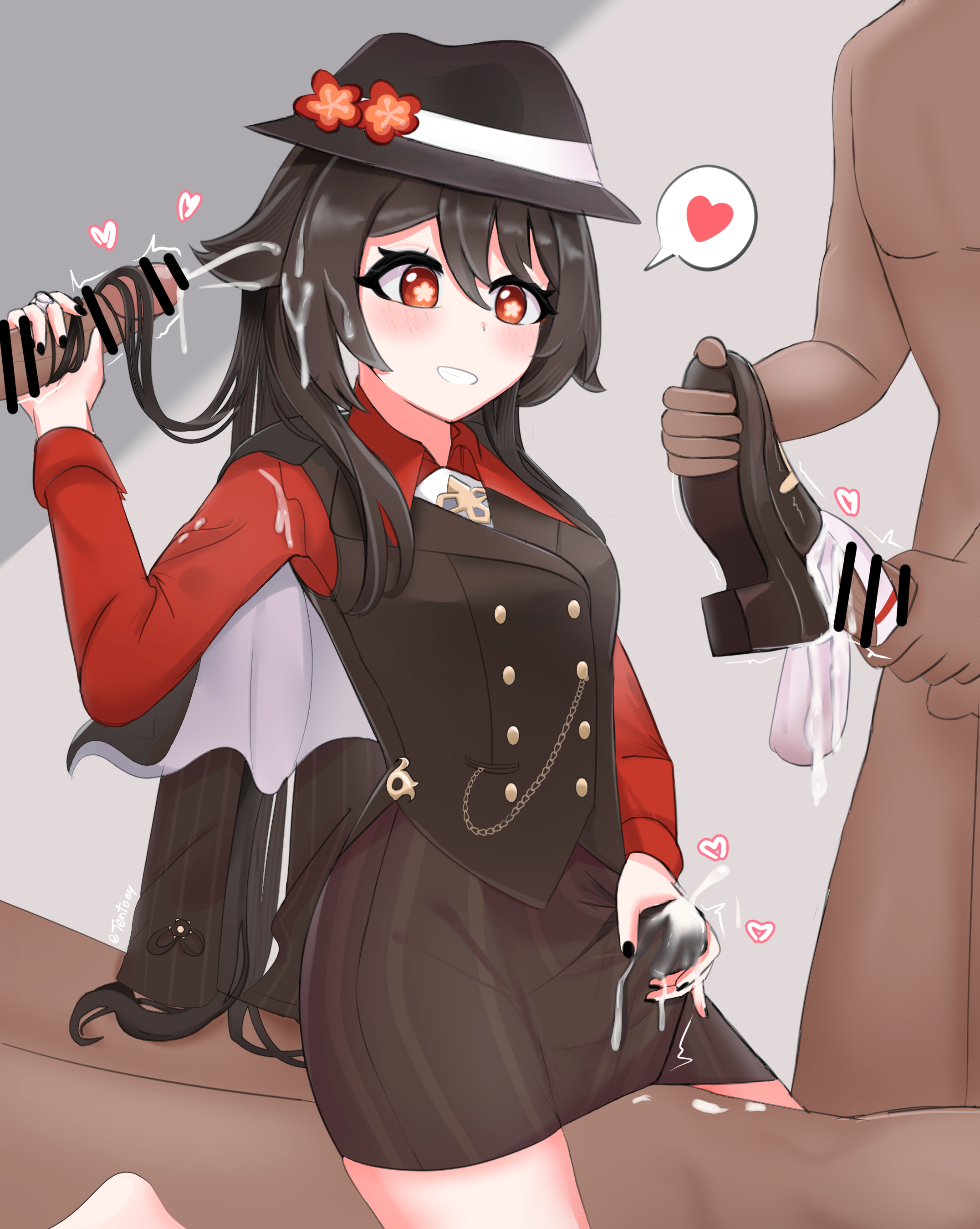 1girls, 3boys, clothed female nude male, cum in hair, cum on clothes, cum on skirt, female, genshin impact, hairjob, heart, hu tao (genshin impact), male, multiple boys, multiple males, multiple penises, pencil skirt, penis, red shirt, skirtjob, sockjob, waistcoat, white necktie