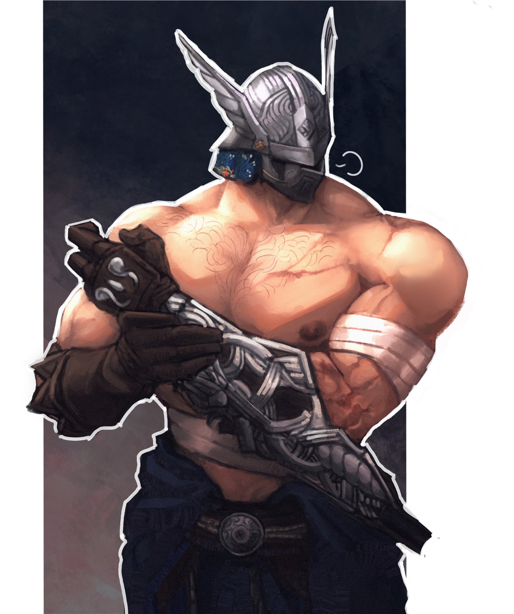 1boy, 2025, bandage, bandaged arm, bandages, bara, body hair, chest hair, clothed, clothing, elden ring, elden ring nightreign, feet out of frame, fromsoftware, gauntlets, gay, gloves, hairy, hairy male, helmet, kart2nos, knight, male, male nipples, male only, masked, masked male, nipples, scars, scars on arm, shirtless, shirtless male, simple background, standing, unseen male face, wylder (nightreign), yaoi