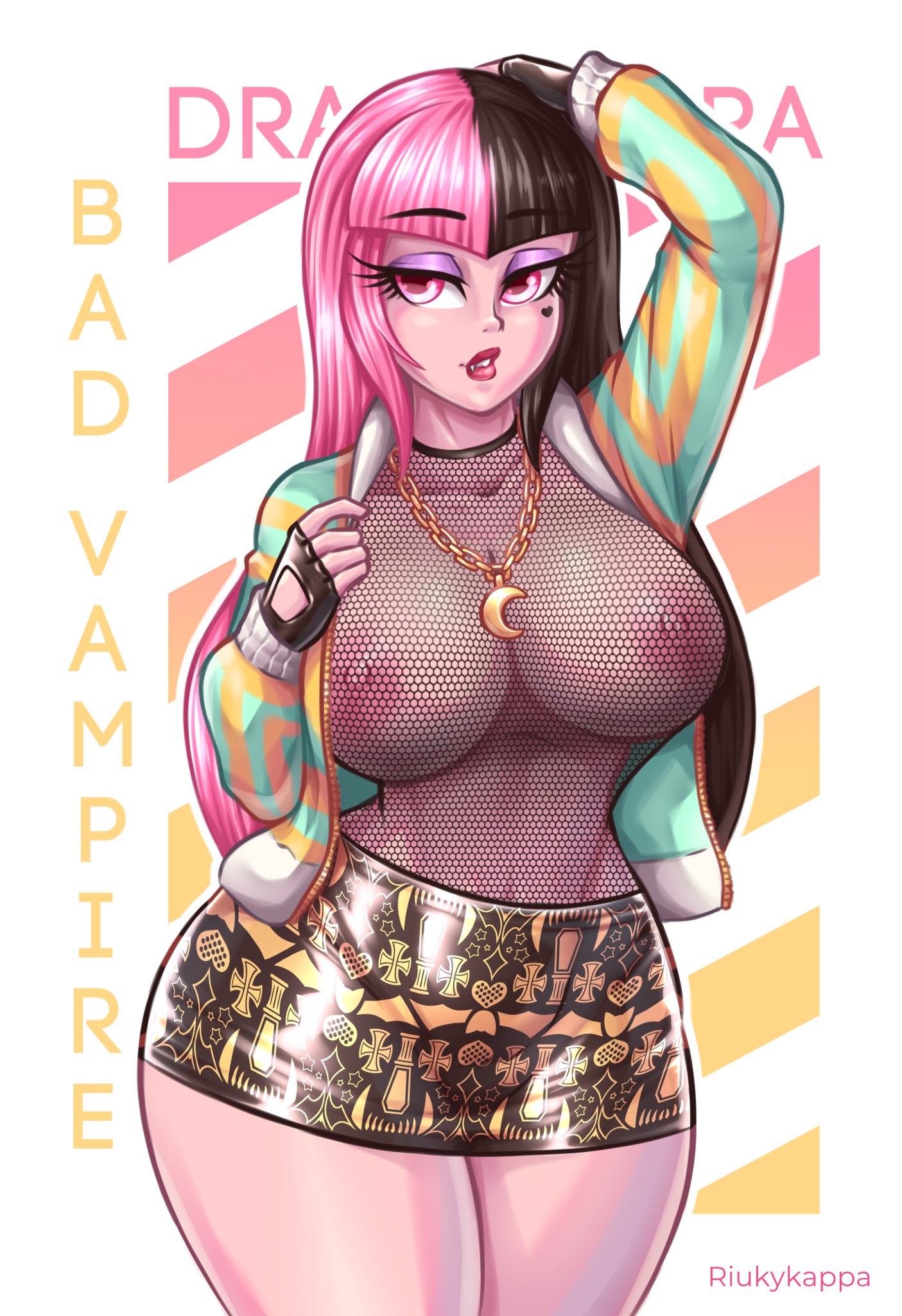 1girls, asian, asian female, ass, big breasts, breasts, collarbone, draculaura, draculaura g3, eyeshadow, fangs, female, female only, fingerless gloves, fishnet clothing, fishnets, flashing breasts, hand on head, jacket, lipstick, looking at viewer, lustful gaze, makeup, miniskirt, monster girl, monster high, monster high g3, multicolored hair, necklace, nipples, nipples visible through clothing, pink skin, riukykappa, short skirt, skirt, slim waist, taiwanese, taiwanese female, thick ass, thick thighs, vampire, vampire girl, wide hips