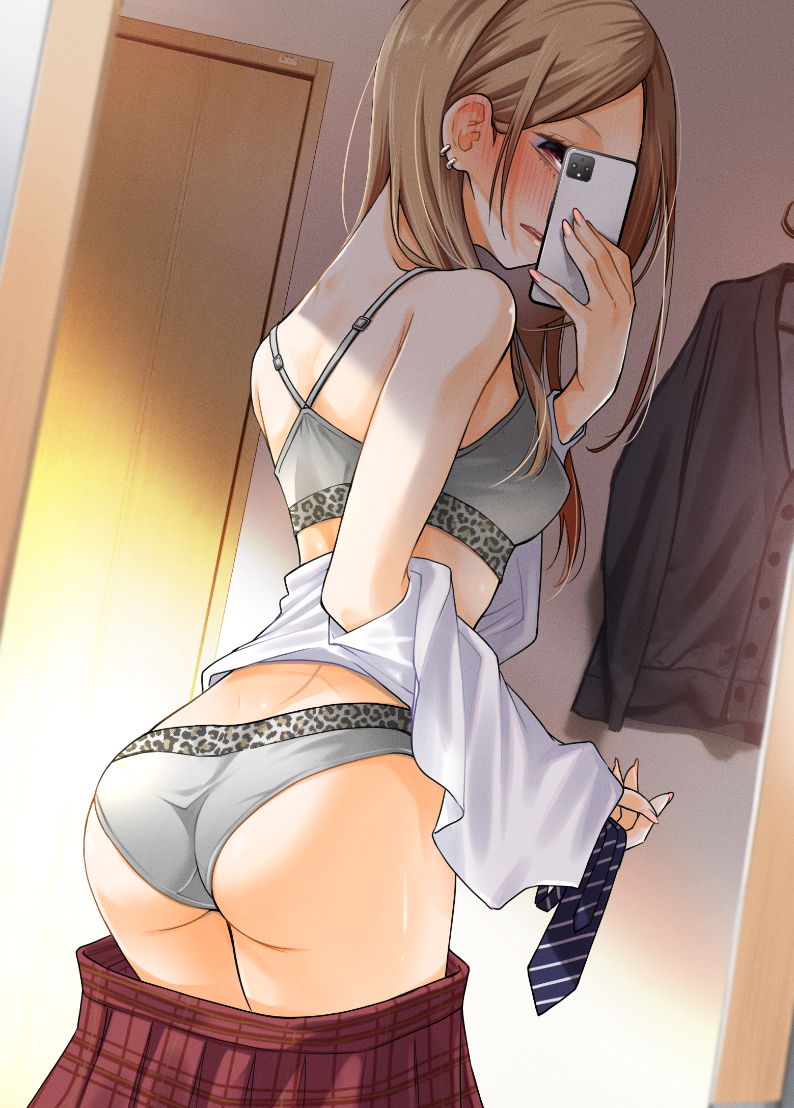 1girls, animal print, ass, black jacket, black necktie, blush, bra, breasts, brown eyes, brown hair, cellphone, commentary request, dojirou, door, dutch angle, ear blush, earrings, embarrassed, female, grey bra, grey panties, highres, holding, holding necktie, holding phone, indoors, jacket, jewelry, leopard print, long hair, mirror, mirror selfie, nape, necktie, original, panties, parted bangs, phone, phone over face, pink nails, pleated skirt, red skirt, reflection, reflection focus, selfie, sexy pose, shirt, sidelocks, skirt, small breasts, smartphone, solo, sports panties, standing, underwear, undressing, uniform, unworn skirt, white shirt