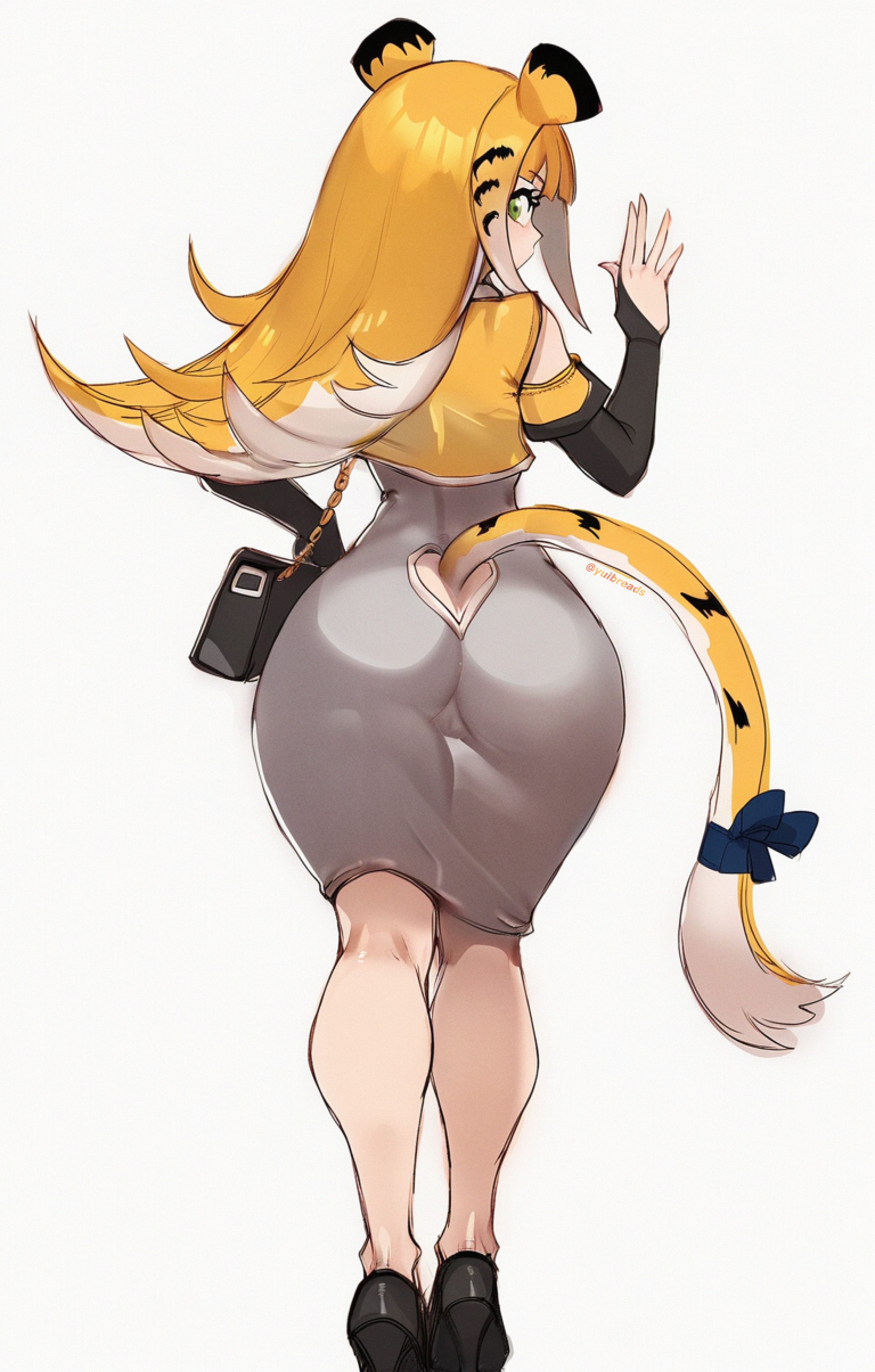 absurdres, ai generated, alternate costume, animal ears, ass, bag, black bag, black shoes, blue hair, cropped jacket, dongtan dress, female, green eyes, handbag, high heels, highres, jacket, ju fufu, long hair, looking at viewer, multicolored hair, shoes, solo, tail, tail through clothes, tiger ears, tiger girl, tiger tail, two-tone hair, white hair, yellow jacket, yuibread, zenless zone zero