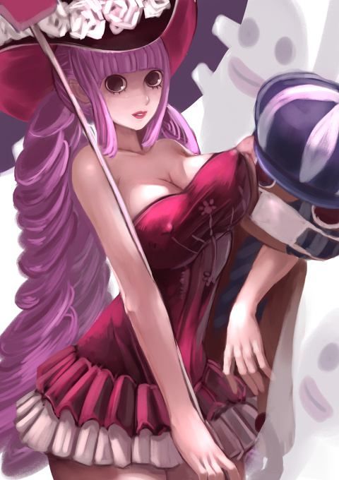 1girls, akuma no mi, arm, arms, bare shoulders, black eyes, breasts, cleavage, collarbone, dress, erect nipples, female, female only, gothic lolita, hat, highres, horo horo no mi, hug, kumacy, large breasts, light skin, light-skinned female, lipstick, long hair, low twintails, makeup, nipples, one piece, pale skin, pale-skinned female, perona, pink hair, pink-haired female, post-timeskip, red dress, solo, strapless, strapless dress, teddy bear, tied hair, twintails, umbrella, very long hair, voluptuous