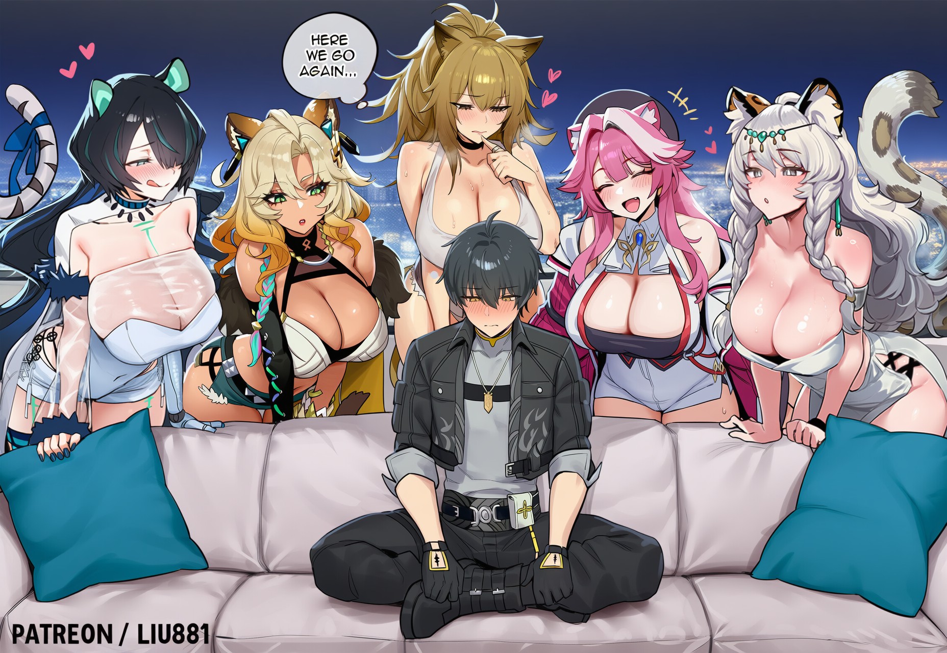 1boy, 5girls, absurd res, ai generated, animal ears, animal girl, arknights, aroused, blush, breasts, cheetah ears, cheetah girl, cleavage, crossover, dark skin, dark-skinned female, english text, erina makina, female, genshin impact, hanging breasts, harem, hololive, hololive english, hololive english -justice-, huge breasts, imminent group sex, imminent sex, leopard ears, leopard girl, licking lips, light skin, light-skinned female, lion ears, lion girl, liu (artist), looking at another, makeup, male, male rover (wuthering waves), meme, meme reference, multiple females, multiple girls, on couch, panther ears, panther girl, phase connect, piper perri surrounded, pramanix (arknights), raora panthera, rover (wuthering waves), seductive, siege (arknights), sitting, snow leopard ears, snow leopard girl, straight, tail, tiger ears, tiger girl, virtual youtuber, voluptuous, voluptuous female, vtuber, wuthering waves, xilonen (genshin impact)