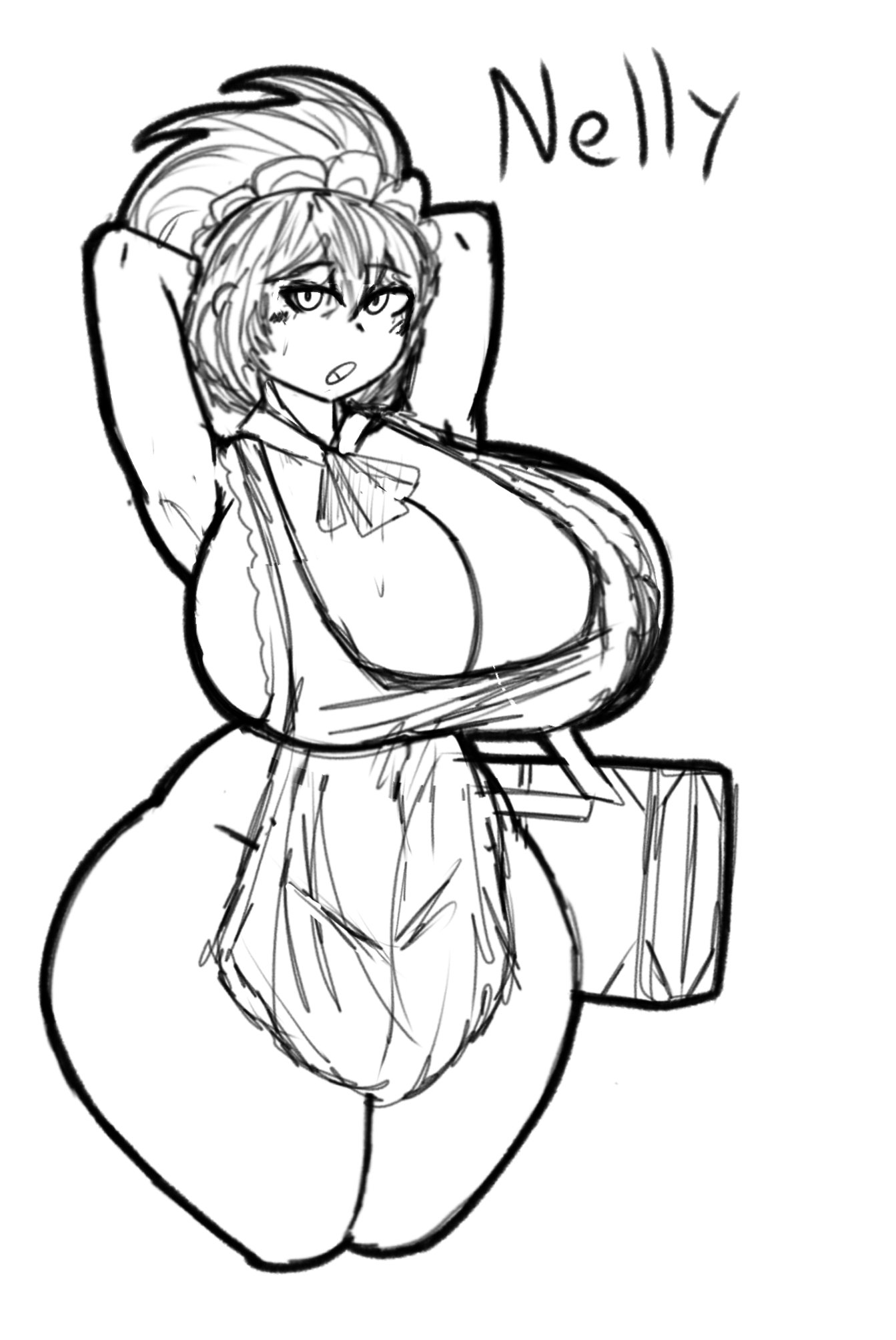 1girls, acubedpersonoid, breasts, female, hands behind head, huge breasts, limbus company, maid, maid apron, nelly (limbus company), project moon, simple background, sketch, white background