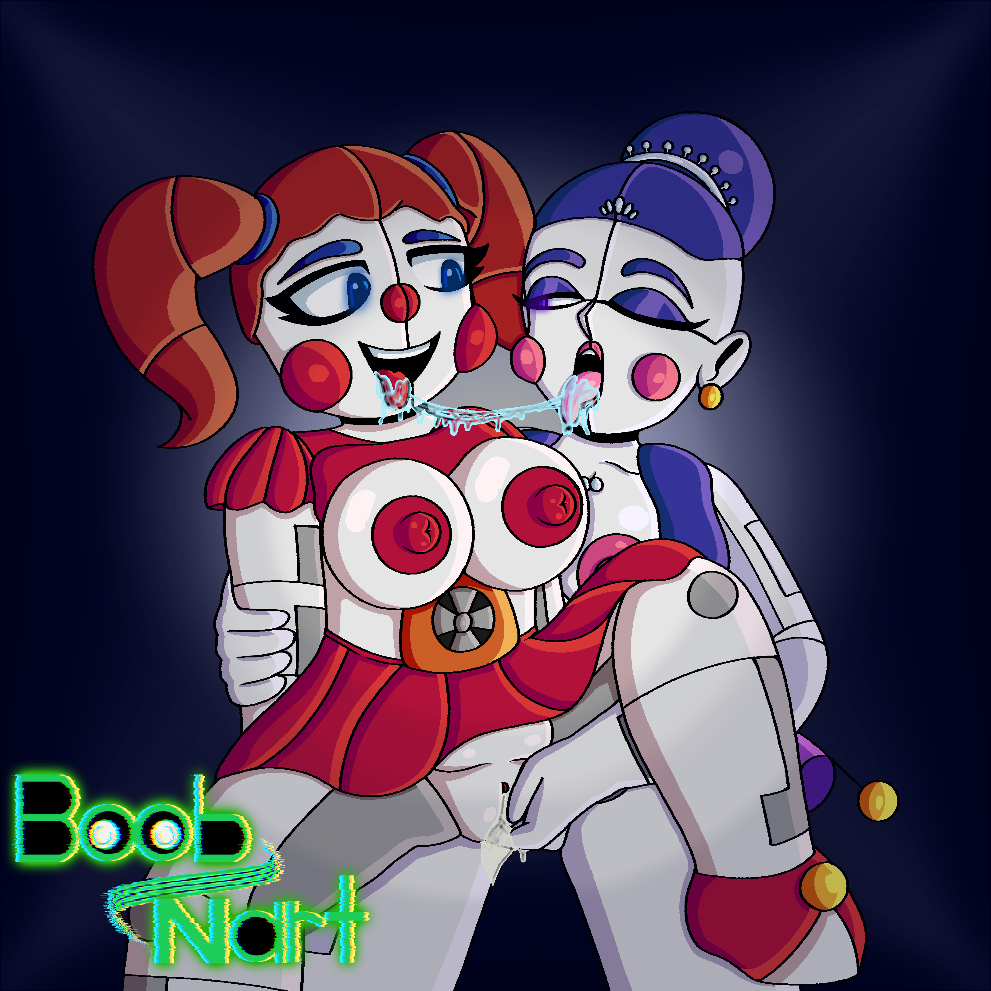 2girls, areola, areolae, baby (fnafsl), ballerina, ballora, ballora (fnafsl), barely clothed, big ass, big breasts, blue eyes, blue eyeshadow, blue hair, boobnart, boobs out, breasts, breasts out, circus baby, circus baby (fnaf), clitoris, clothing, clown, clown girl, clown makeup, clown nose, clown shoes, ear piercing, earrings, eye closed, eyelashes, eyeshadow, fan, female, female only, fingering, fingers, five nights at freddy's, five nights at freddy's: sister location, fnaf, glowing eyes, hair bun, half closed eyes, half clothed, hand on arm, holding partner, jewelry, kissing, leg up, lesbian kiss, lesbian sex, lipstick, piercing, pink areola, pink areolae, pink cheeks, pink lipstick, pink nipples, pink tongue, pleased, pleasure face, purple clothing, purple eyes, pussy, pussy juice, pussy juice drip, red areola, red areolae, red cheeks, red hair, red nipples, red nose, red shoes, red skirt, red tongue, robot, robot girl, saliva, saliva drip, saliva string, saliva trail, self upload, shirt lift, shirt up, short skirt, shoulder pads, simple background, sister location, skirt, skirt lift, skirt up, spit, teeth, thicc, thick, thick thighs, thighs, tits out, tongue, tongue out, tutu, twintails, useless clothing, yuri