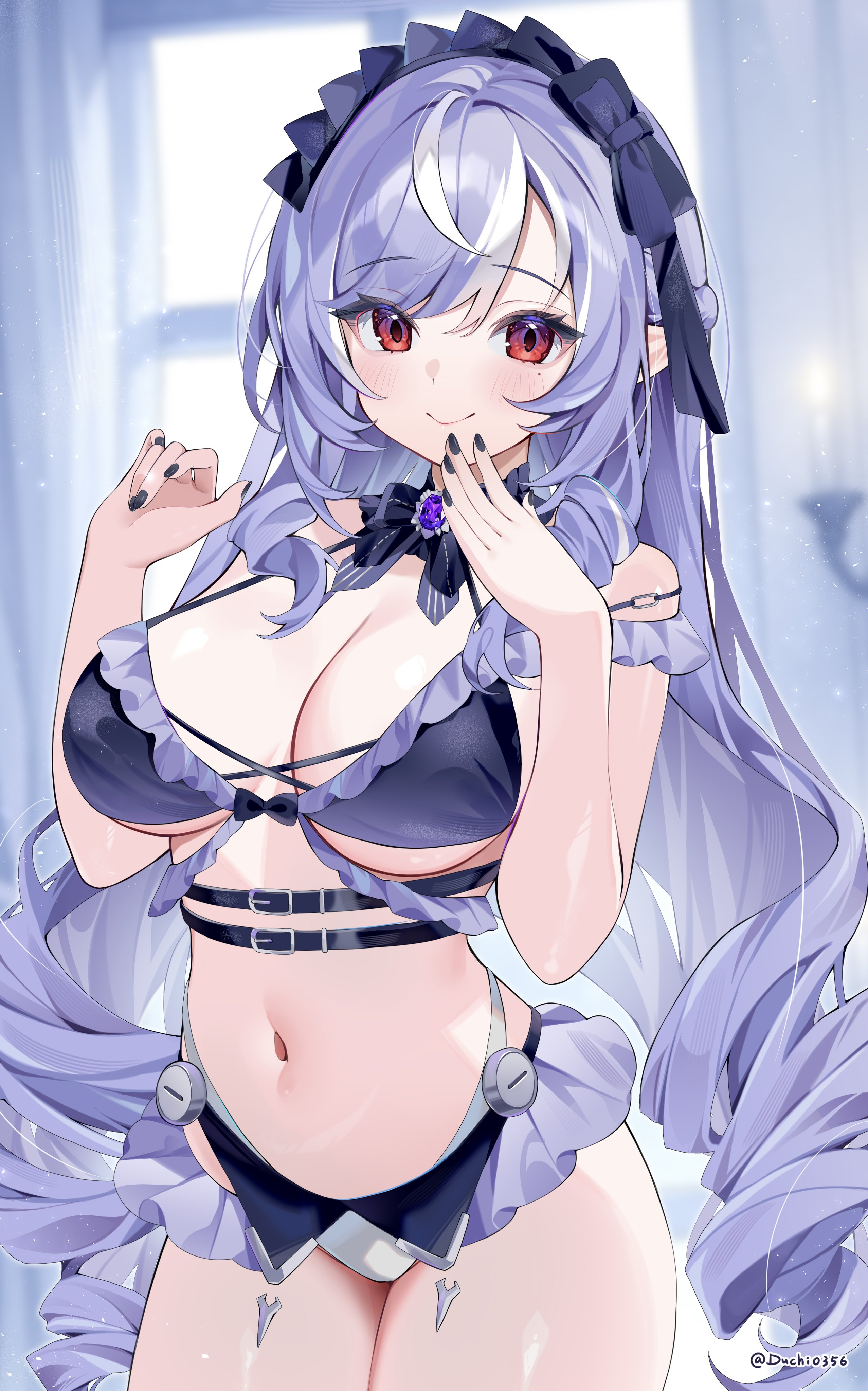 belt, black nails, blush, breasts, closed mouth, female, hand on chin, large breasts, lingerie, looking at viewer, navel, smile, thick thighs, vivian (zenless zone zero), vivian banshee, wide hips, zenless zone zero