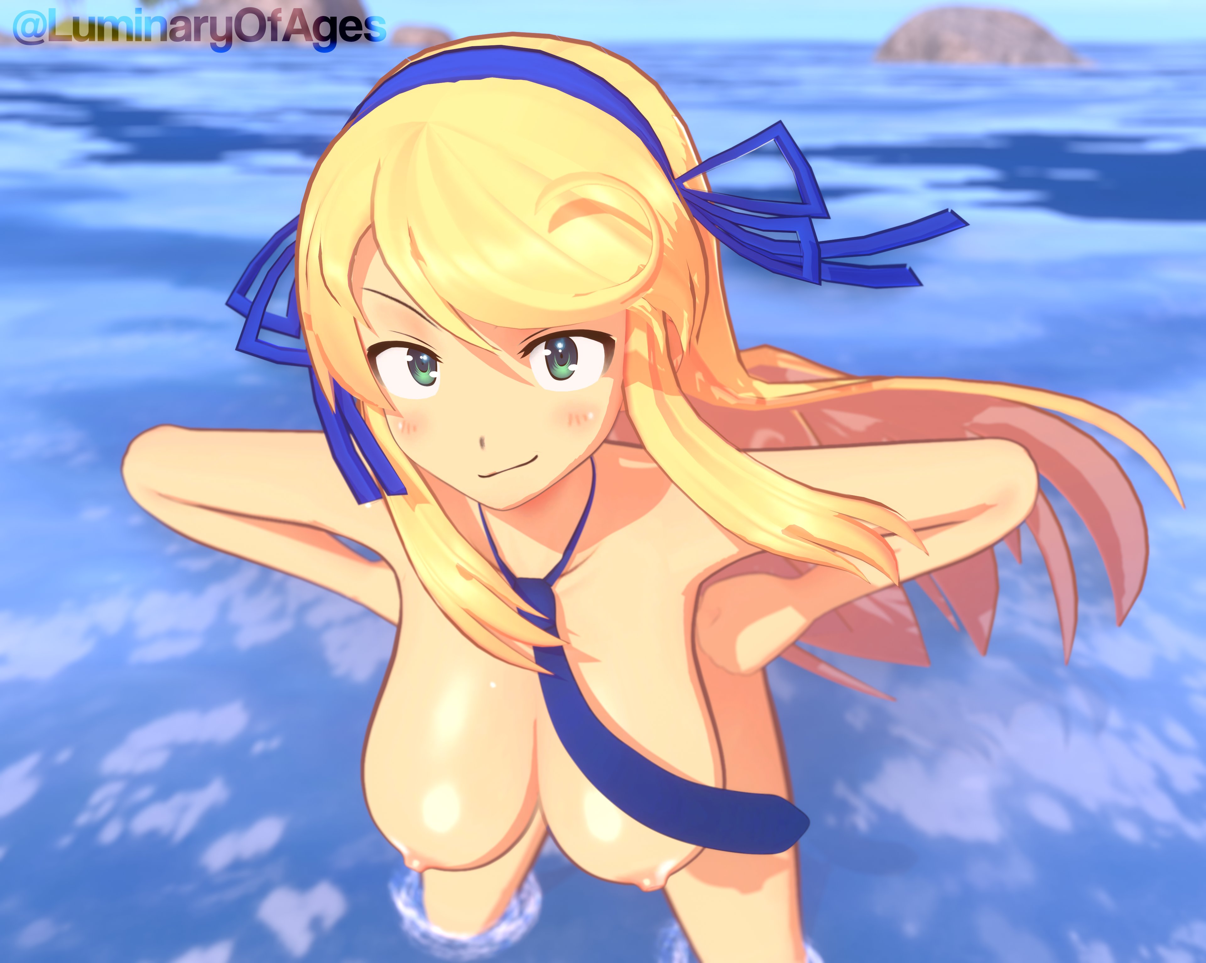 1girls, 3d, 3d (artwork), big breasts, blonde hair, breasts, busty, completely nude, confident, female, female only, green eyes, hands on hips, hanging breasts, hi res, katsuragi (senran kagura), large breasts, leaning forward, legs, light skin, light-skinned female, long hair, looking at viewer, luminaryofages, mmd, naked, necktie, nipples, nude, nude female, pose, posing, senran kagura, smile, solo, thighs, voluptuous