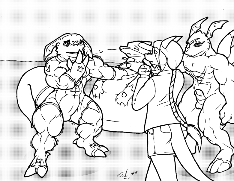 anthro black_and_white clothing comic crossover digimon dragon dragoneer drakemohkami growth inflation lucario male male_only monochrome muscle_growth nintendo penis_growth pokemon pokemon_(species) video_games