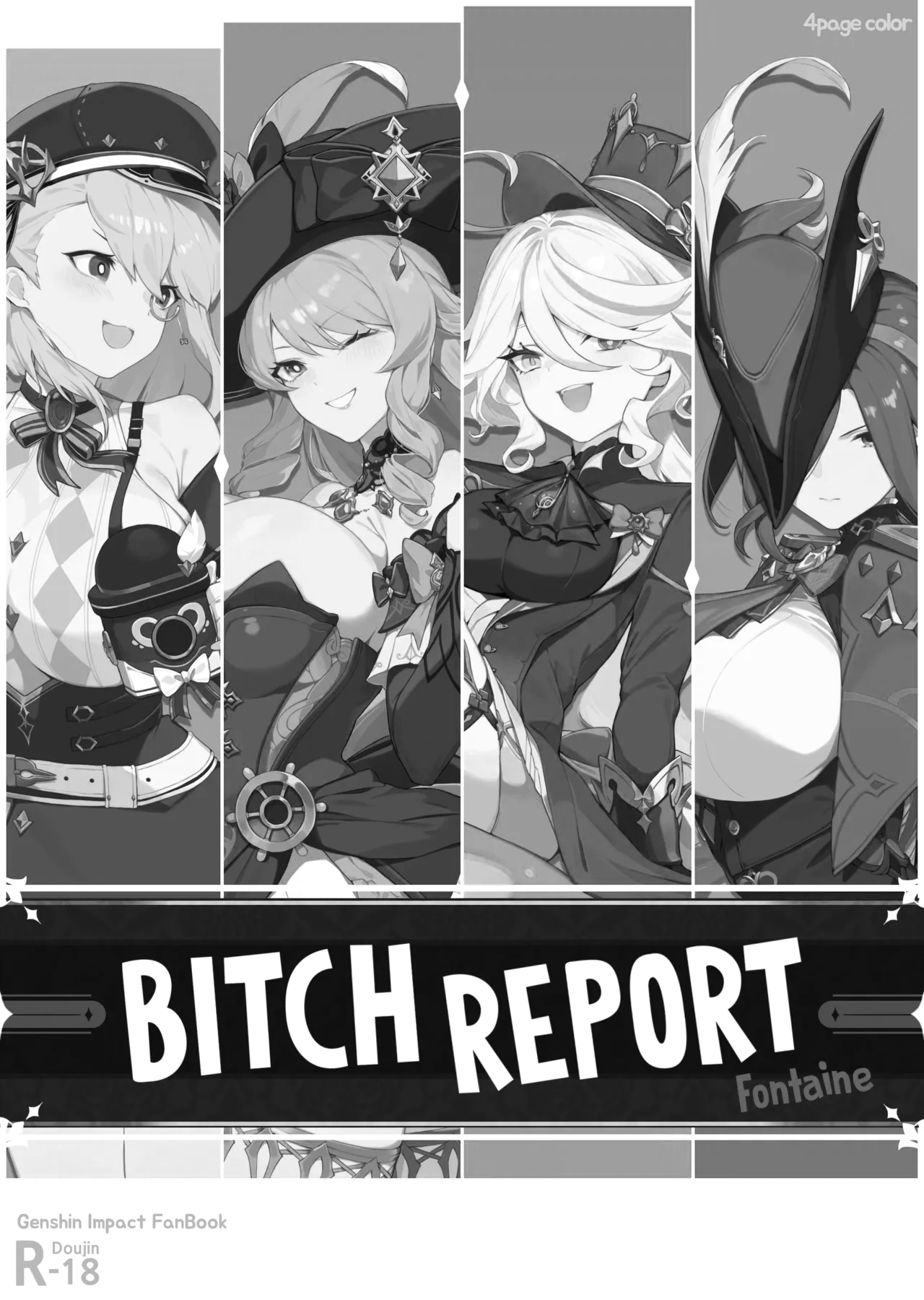 :d, 4girls, ahoge, ascot, asymmetrical gloves, bare shoulders, belt, bitch report, blush, bow, bowtie, breasts, brooch, cabbie hat, camera, charlotte (genshin impact), cleavage, clorinde (genshin impact), closed mouth, column lineup, copyright name, corset, cover, detached sleeves, dress, drill hair, drill sidelocks, english text, epaulettes, female, focalors (genshin impact), fontaine, fontaine girls, french text, furina (genshin impact), gem, genshin impact, gloves, greyscale, greyscale with colored background, grin, hair between eyes, hair over one eye, hat, hat bow, hat feather, high-waist skirt, holding, holding camera, huge breasts, jacket, jewelry, large breasts, long hair, long sleeves, looking at viewer, mesu repoto fontenu, mismatched gloves, monochrome, monocle, multiple females, multiple girls, navia (genshin impact), navia caspar, one eye closed, one eye covered, open mouth, parted lips, peaked cap, shako cap, shirt, short hair, shorts, sidelocks, skirt, sleeveless, sleeveless shirt, smile, strapless, strapless dress, streaked hair, symbol-shaped pupils, teeth, thigh strap, thighs, top hat, tricorne, upper body, very long hair, vision (genshin impact), wavy hair, x-shaped pupils, yanje