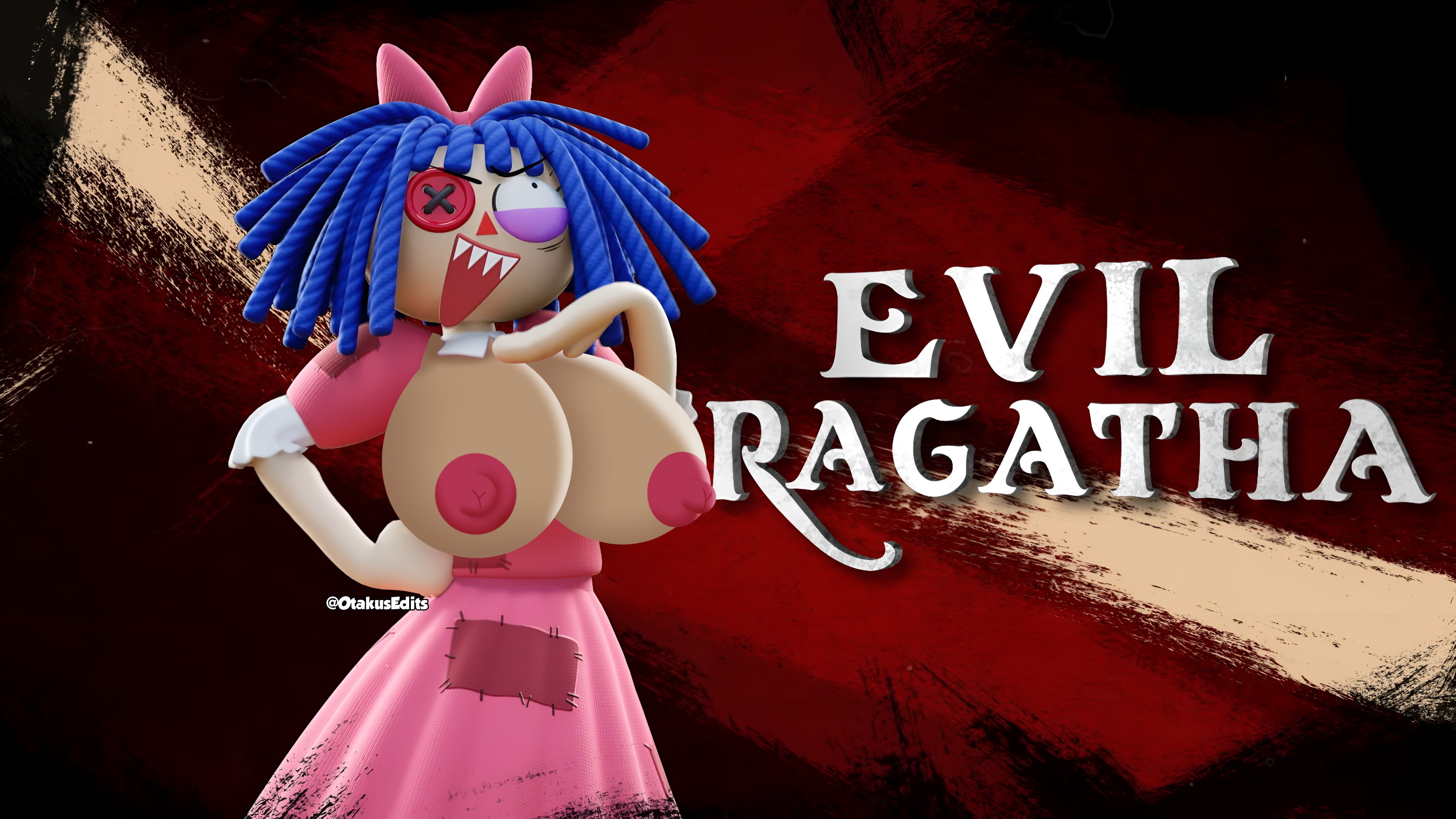 1girls, 3d, big breasts, blue hair, bow, breasts, breasts out, doll, evil ragatha, evil ragatha (the amazing digital circus), eyeshadow, fangs, female, glitch productions, huge breasts, otakusedits, pink clothing, red bow, spiky teeth, the amazing digital circus, vintage clothing, wide grin