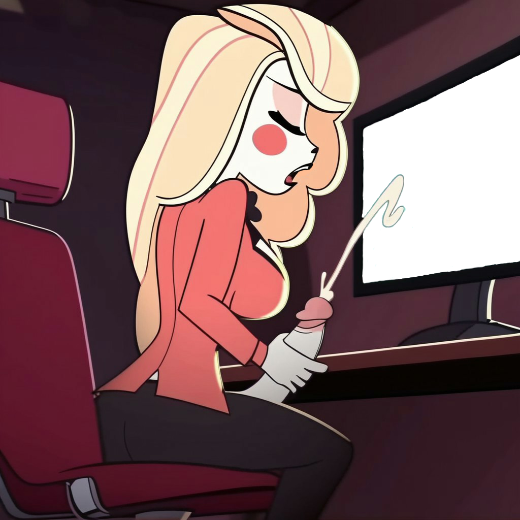 1girls accurate_art_style ai_generated charlie_morningstar charlie_morningstar_(pilot) closed_eyes clothed computer cum ejaculation futanari hazbin_hotel looking_at_screen masturbation monitor penis smile solo solo_futa template watching watching_porn