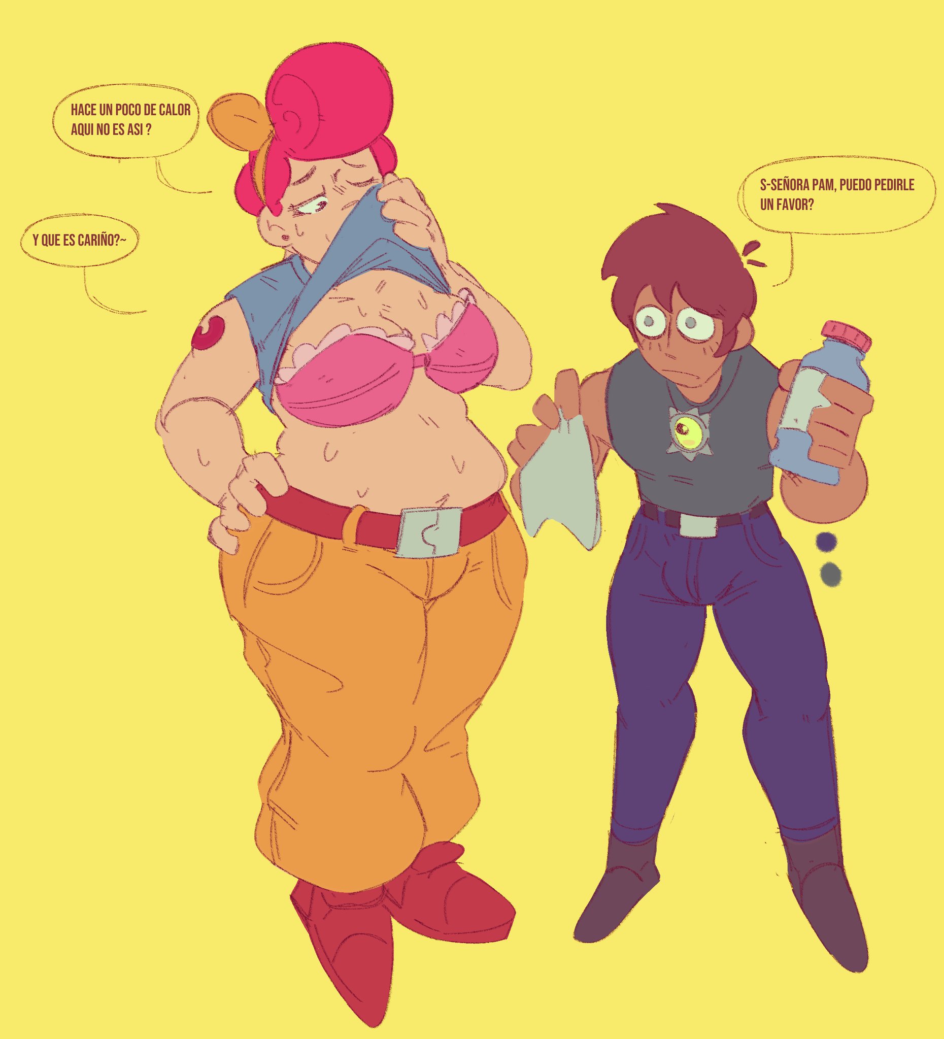 1boy, 1girls, ass, big ass, big breasts, big hips, brawl stars, breasts, chubby female, curvy male, dark-skinned male, eddie, eddie (kujoedy), female, femboy on female, hairy pussy, male, milf, nervous expression, nervous face, ocxcanon, oimaginacion, pam (brawl stars), pussy, red hair, spanish text, sweating, sweaty body, wet body, younger male