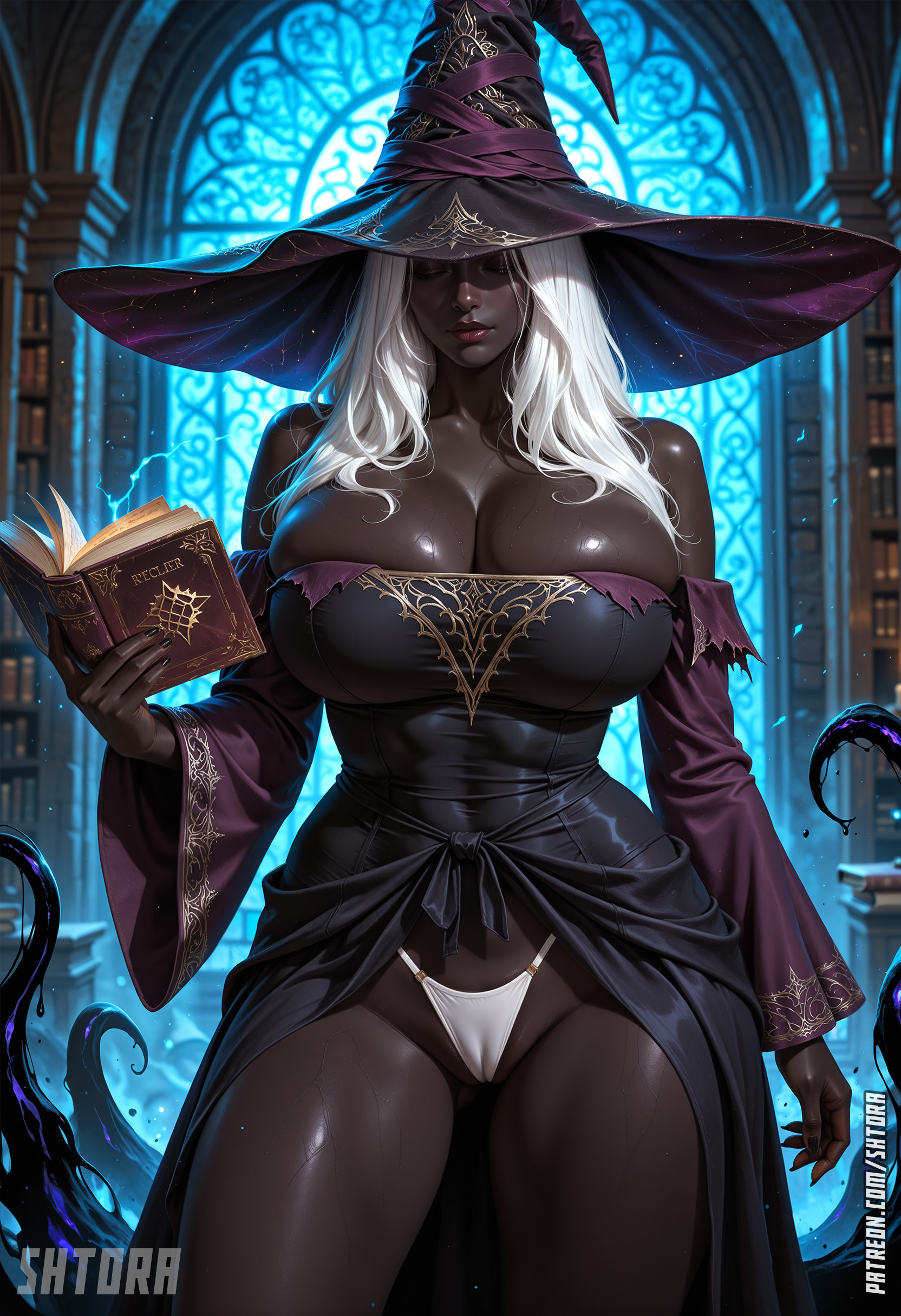 1girls, ai generated, ass, big ass, big breasts, breasts, dark skin, dark-skinned female, elden ring, elden ring nightreign, female, female only, fromsoftware, large breasts, recluse (nightreign), shtora, thick thighs, white hair
