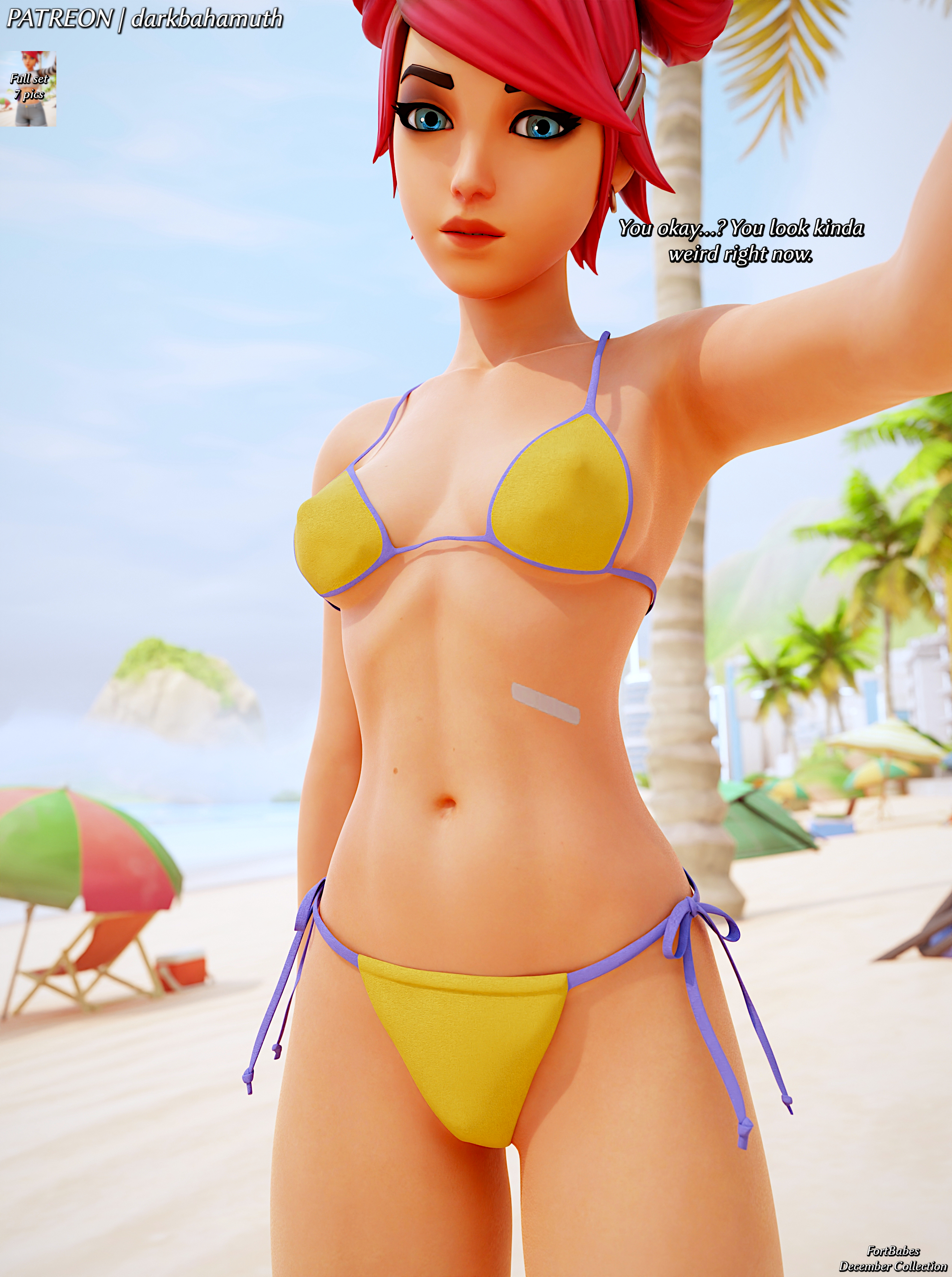 3d, 3d (artwork), beach, belly, bikini, cute, darkbahamuth, female, female torso, fortnite, midriff, petite, petite body, petite female, skye (fortnite), summer skye (fortnite), teenage girl, teenager, text, tummy, young