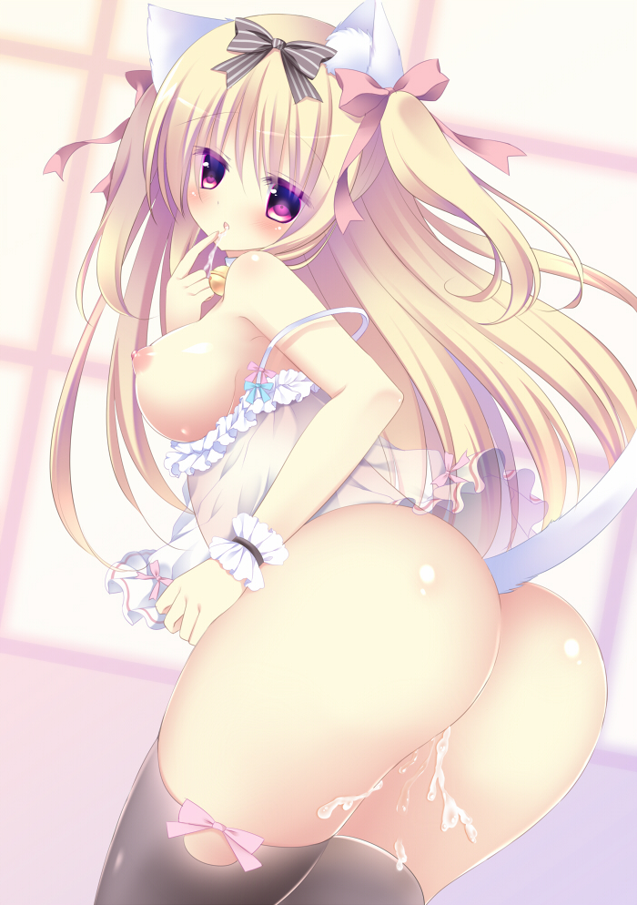 :o animal_ears ass babydoll bell bell_collar black_legwear blonde_hair breasts cat_ears cat_tail collar cum female hair_ribbon large_breasts long_hair looking_at_viewer looking_back nipples no_panties off_shoulder original purple_eyes ribbon shibainu_niki sideboob solo tail thighhighs tied_hair twintails wrist_cuffs