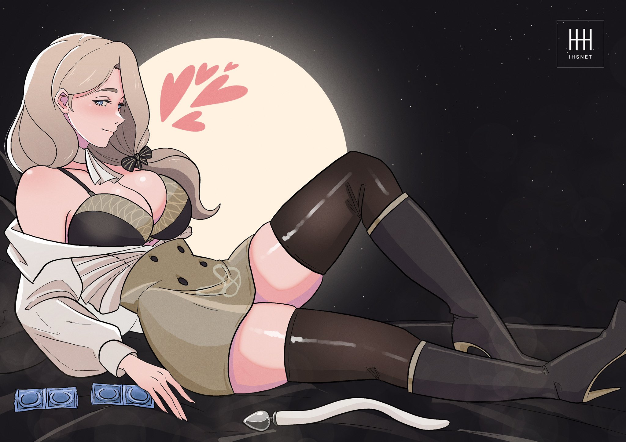 1girls, anal plug, artist logo, artist name, bare shoulders, big breasts, blonde hair, blue eyes, breasts, busty, buttplug, buttplug tail, condoms, curvy, female, fire emblem, fire emblem: three houses, heart, high heel boots, high heels, ihsnet, light skin, light-skinned female, mercedes von martritz, short skirt, sitting, thick thighs, thighhighs, thighs