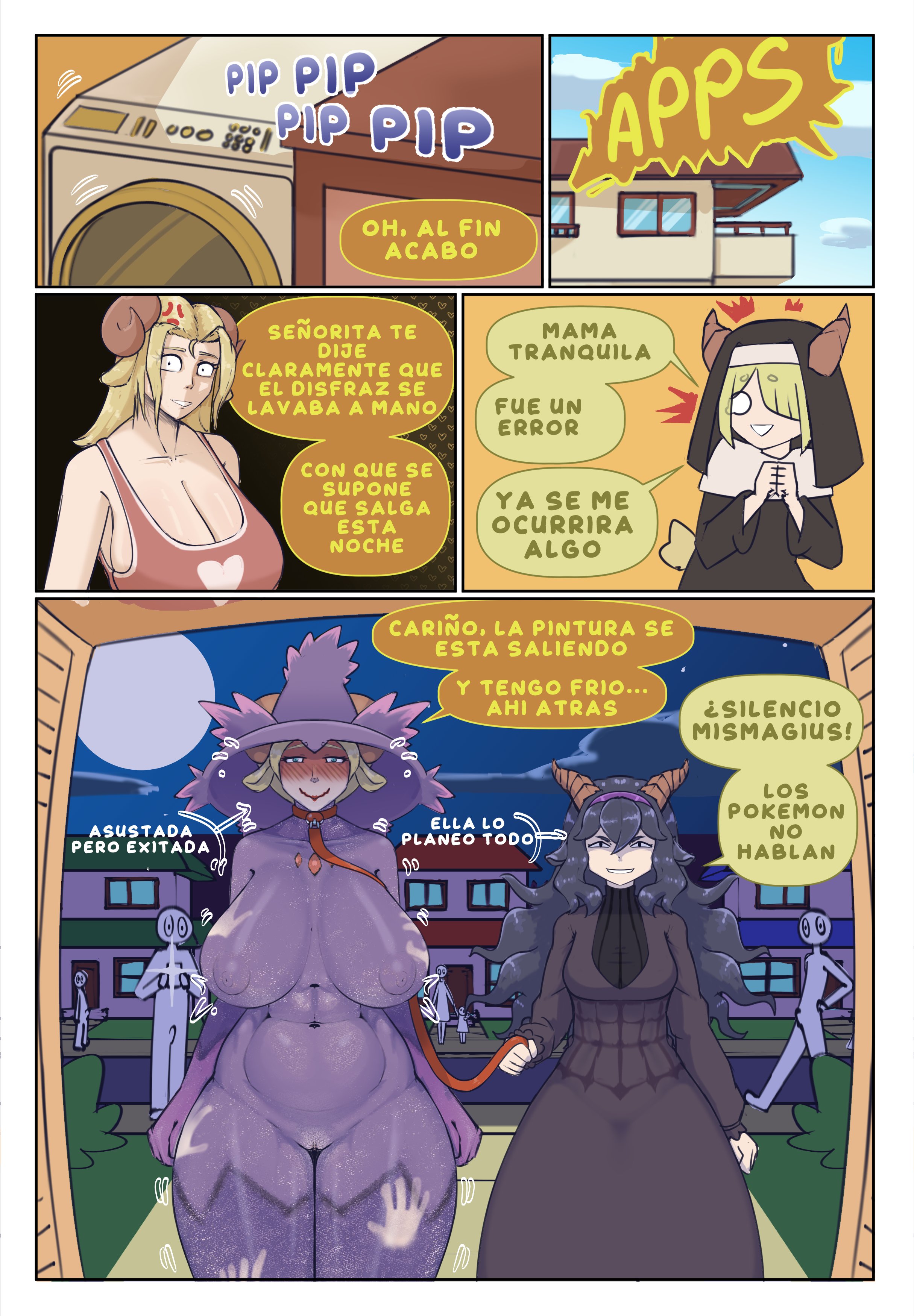 2girls, apps (character), blush, blushing, bodypaint, breasts, breasts bigger than head, clothed female, clothed female nude female, collar, comic, completely naked, completely nude female, costume, daughter and mother, embarrassed, embarrassed nude female, embarrassed smile, enf, exhibitionism, female, female focus, hand print, handprint, hex maniac (cosplay), horns, huge breasts, leashed collar, michi plaga, mischievous smile, mismagius (cosplay), mom and daughter, mother and daughter, naked, naked female, nude, nude female, on leash, only one naked, pokemon, pokemon costume, practically nude, public nudity, shaved pussy, shaved side, spanish text, speech bubble, starting to like it, tagme, text, text bubble, thick thighs, thigh gap, translated, translation check, wide hips