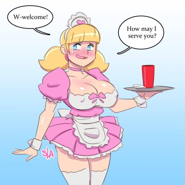 1girls, aged up, big breasts, blonde female, blonde hair, blue eyes, breasts, cafe maid, choker, cleavage, cup, dialogue, dic entertainment, english text, female, female focus, female only, hourglass figure, inspector gadget, light blue eyes, light skin, light-skinned female, maid apron, maid cafe, maid headdress, maid outfit, maid skirt, maid uniform, nervous, nervous face, nervous female, nipple bulge, penny gadget, pink maid outfit, pink outfit, samson 00, serving tray, shiny skin, shy, shy expression, solo, solo female, solo focus, stockings, text, thighhigh stockings, thighhighs, twintails, uniform, white stockings