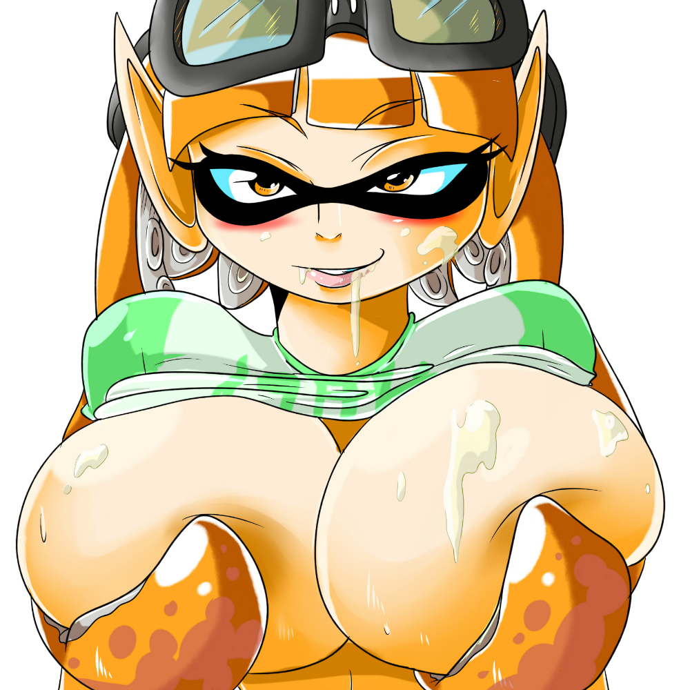 alternate breast size, animal humanoid, anthro, breasts, cephalopod, cephalopod humanoid, clothes, clothes lift, covering nipples, cum, cum on breasts, cum on face, female, goggles, huge breasts, humanoid, hyperpoet, inkling, inkling girl, kaori (splatoon), large breasts, mask (marking), nintendo, no bra, orange eyes, orange hair, pointy ears, pseudo hair, shirt, shirt lift, splatoon, splatoon (series), squid, straight hair, tentacle, tentacle hair