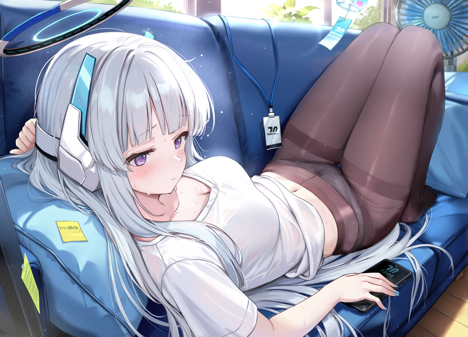 artist request, blue archive, blush, bra, breasts, cleavage, couch, fan, female, gray hair, halo, long hair, navel, noa (blue archive), panties, pantyhose, phone, purple eyes, see-through, shirt lift, summer, tagme, underwear, wet