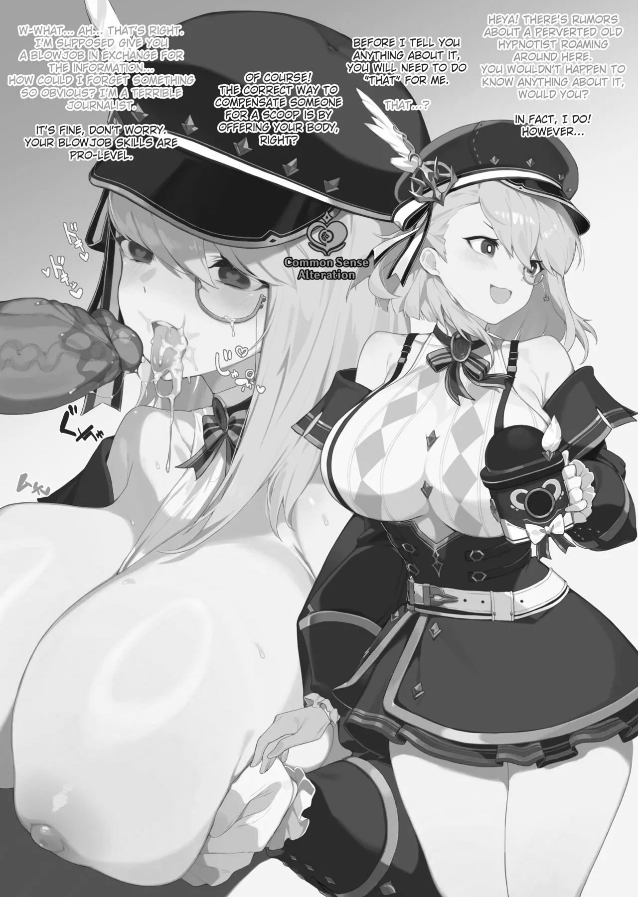 :d, 1boy, 1girls, after fellatio, bare shoulders, belt, bitch report, blush, bow, bowtie, breasts, breasts out, breasts squeezed together, cabbie hat, charlotte (genshin impact), cleavage, cum, cum in mouth, cum on body, cum on breasts, cum on tongue, cum string, cumdrip, cup, detached sleeves, disembodied penis, dress, ejaculation, english text, erection, facial, fellatio, female, fontaine, fontaine girls, frills, genshin impact, gloves, greyscale, hair between eyes, hair ribbon, halter dress, halterneck, hat, hat feather, heart, heart-shaped pupils, hetero, holding, holding cup, huge breasts, large breasts, long hair, long sleeves, looking at viewer, male, medium hair, mesu repoto fontenu, military hat, miniskirt, monochrome, monocle, mug, multiple views, nipples, no bra, off shoulder, open mouth, oral, paizuri, peaked cap, penis, ribbon, short dress, short hair, simple background, skirt, sleeveless, smile, solo focus, speech bubble, standing, sweat, symbol-shaped pupils, thighs, tongue, tongue out, uncensored, veins, veiny penis, white belt, yanje