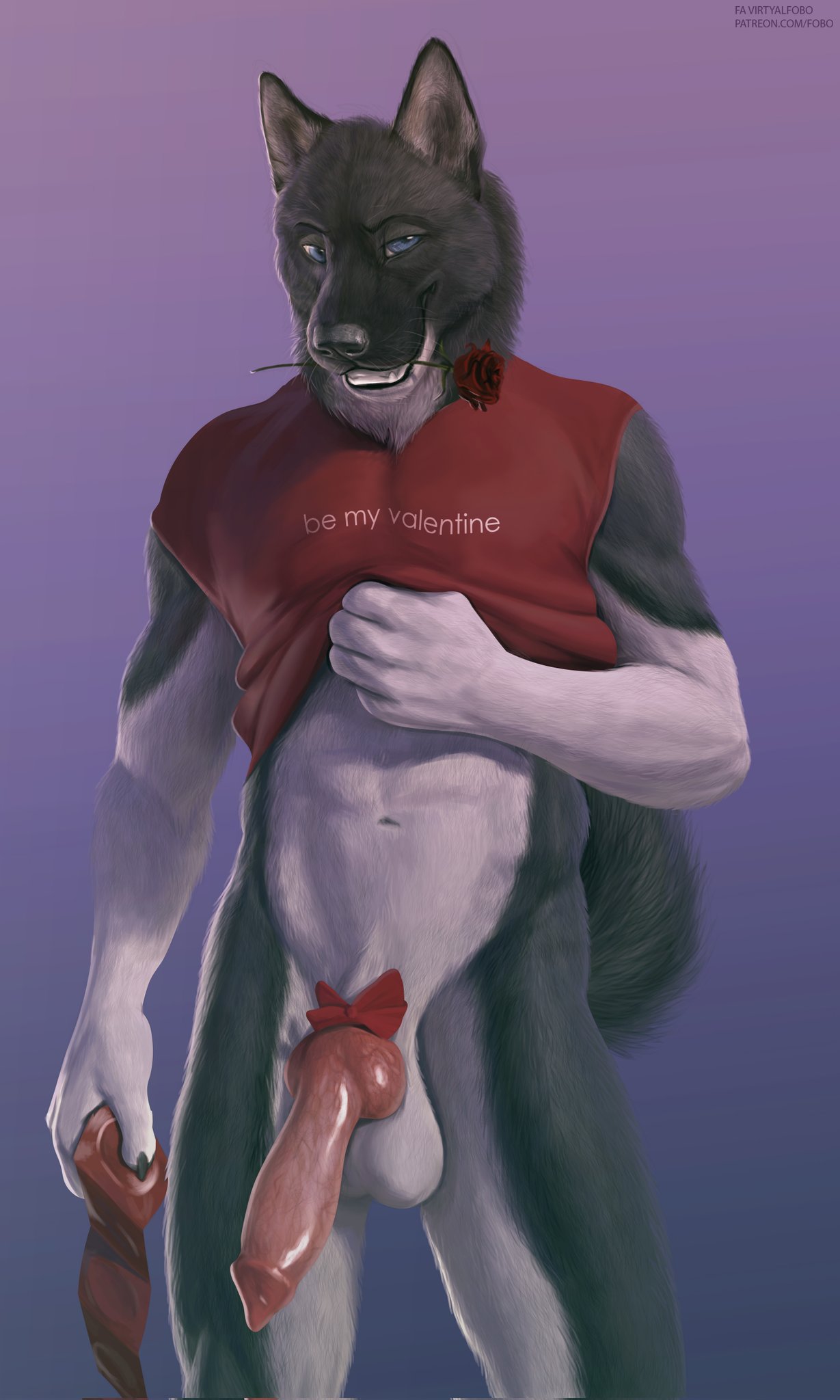 1boy 2022 akita american_akita animal_genitalia animal_penis anthro balls big_penis black_body black_fur blue_eyes bottomless bottomless_male canid canine canine_penis canis clothed clothing clothing_lift condom domestic_dog erection flower flower_in_mouth fur genitals hi_res holding_condom holding_object holidays knot looking_at_viewer male male_only mammal multicolored_body multicolored_fur navel penis plant purple_background rose_(flower) rose_in_mouth sexual_barrier_device shirt shirt_lift simple_background solo spitz topwear two_tone_body two_tone_fur valentine's_day virtyalfobo white_balls white_body white_fur