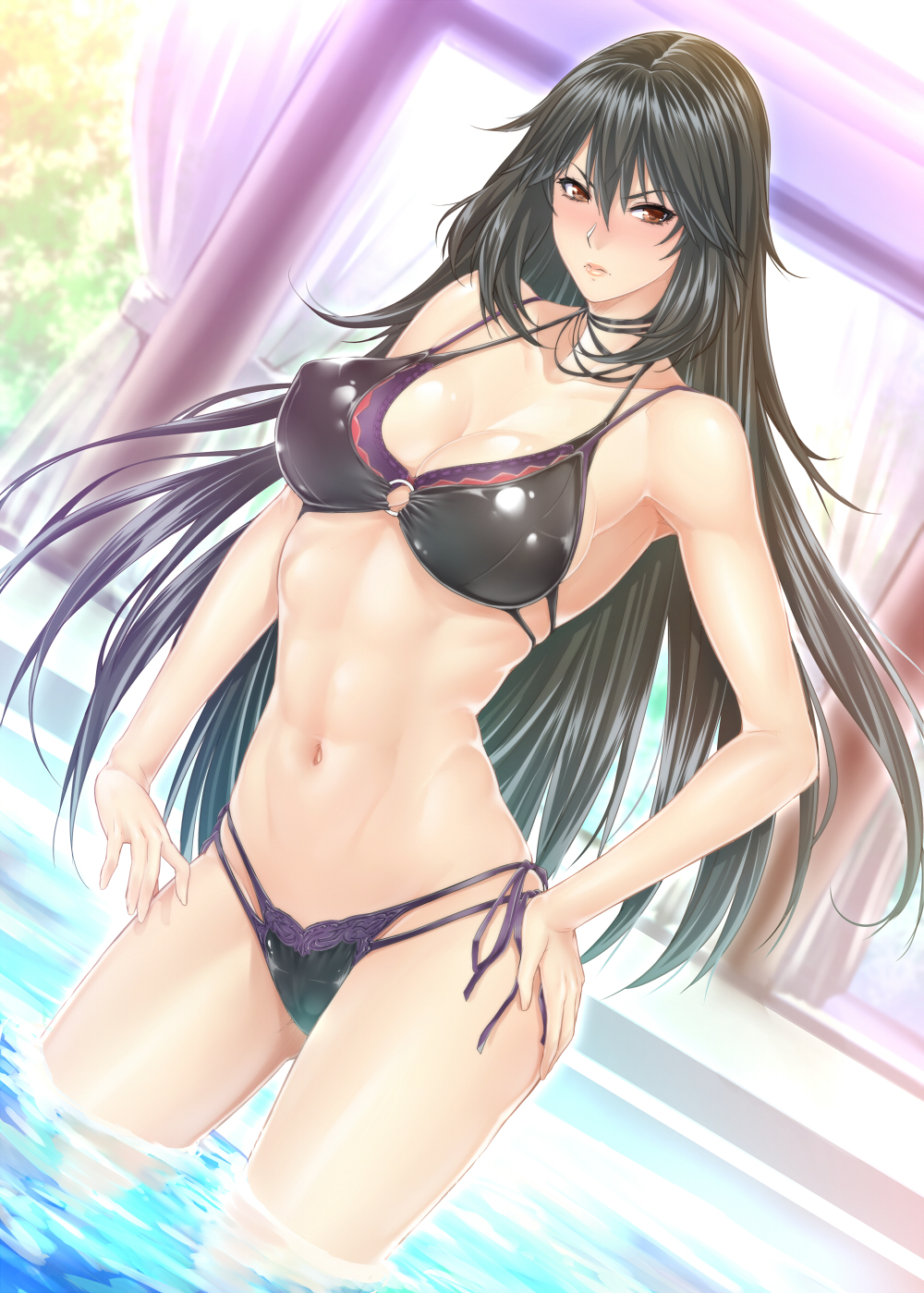 1girls abs bikini black_hair blush breasts brown_eyes cleavage dutch_angle feet_in_water female female_only frown hand_on_hip high_resolution infinite_stratos large_breasts layered_bikini long_hair looking_at_viewer midriff navel o-ring_top orange_eyes orimura_chifuyu pool shiny shiny_skin side-tie_bikini simple_background sketch skindentation soaking_feet solo swimsuit toned wading water white_background zucchini