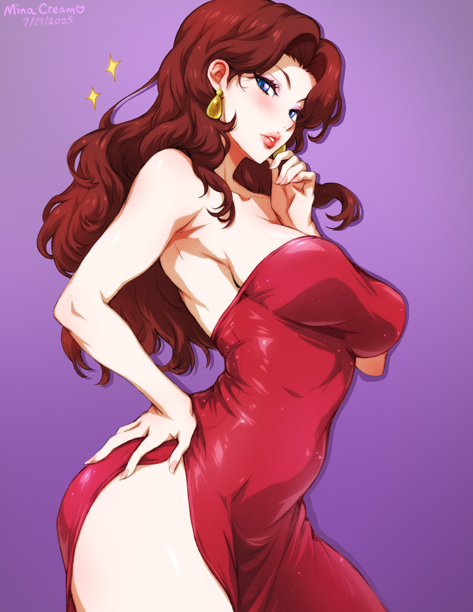 1girls, ass, bare shoulders, big breasts, blue eyes, breasts, brown hair, dress, earrings, female, from side, hand on own hip, highres, jewelry, large breasts, lips, long hair, looking at viewer, mario (series), minacream, nintendo, pauline, pauline (mario), red dress, side slit, side slit dress, sleeveless, thick thighs, thighs