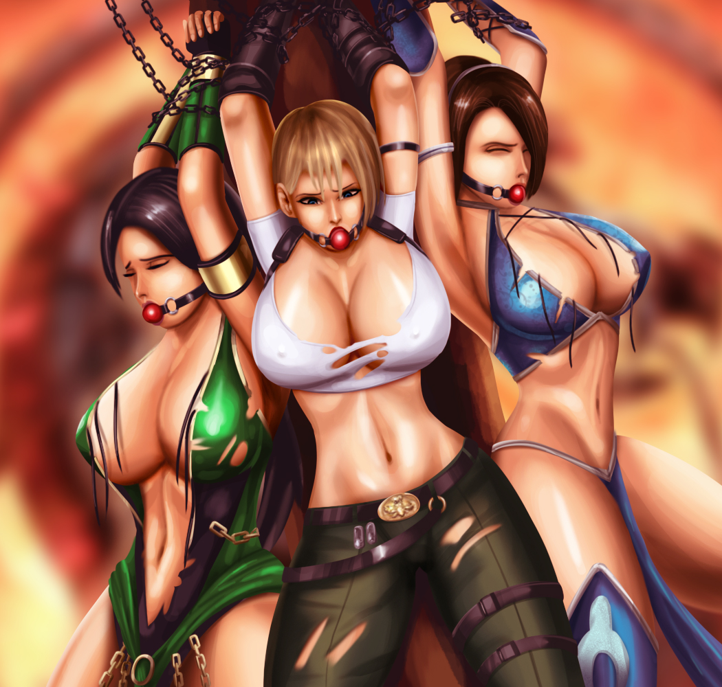 2d 3girls armband armpits arms_up ball_gag belt black_hair blonde_hair blue_eyes bondage bound breasts brown_hair chains cleavage closed_eyes clothed dark-skinned_female dark_skin female fingerless_gloves gag hairband highres huge_breasts jade_(mortal_kombat) kitana loincloth long_hair looking_down mortal_kombat multiple_girls navel netherrealm_studios nipples pokies restrained shackles sonya_blade svoidist take_your_pick tank_top thighhighs torn_clothes