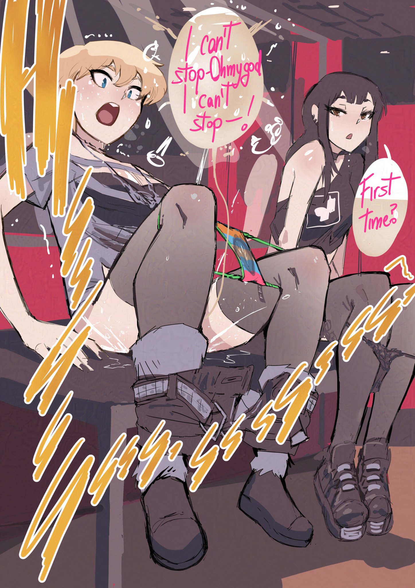 2girls, alternate costume, alternate hairstyle, bare shoulders, belt, belt unbuckled, beth (biku), biku, black choker, black footwear, black hair, black panties, black shorts, black thighhighs, blonde hair, blue eyes, blush, breasts, brown eyes, choker, daughter (biku), english text, female, hair, medium hair, multicolored panties, onomatopoeia, open mouth, open shorts, original, panties, panty pull, panty tag, peeing, peeing in sink, short hair, shorts, shorts pull, sink, sitting, sitting on sink, speech bubble, stained panties, tag, text, text bubble, thighhighs, unbuckled, unbuckled belt, underwear, wet, wet panties