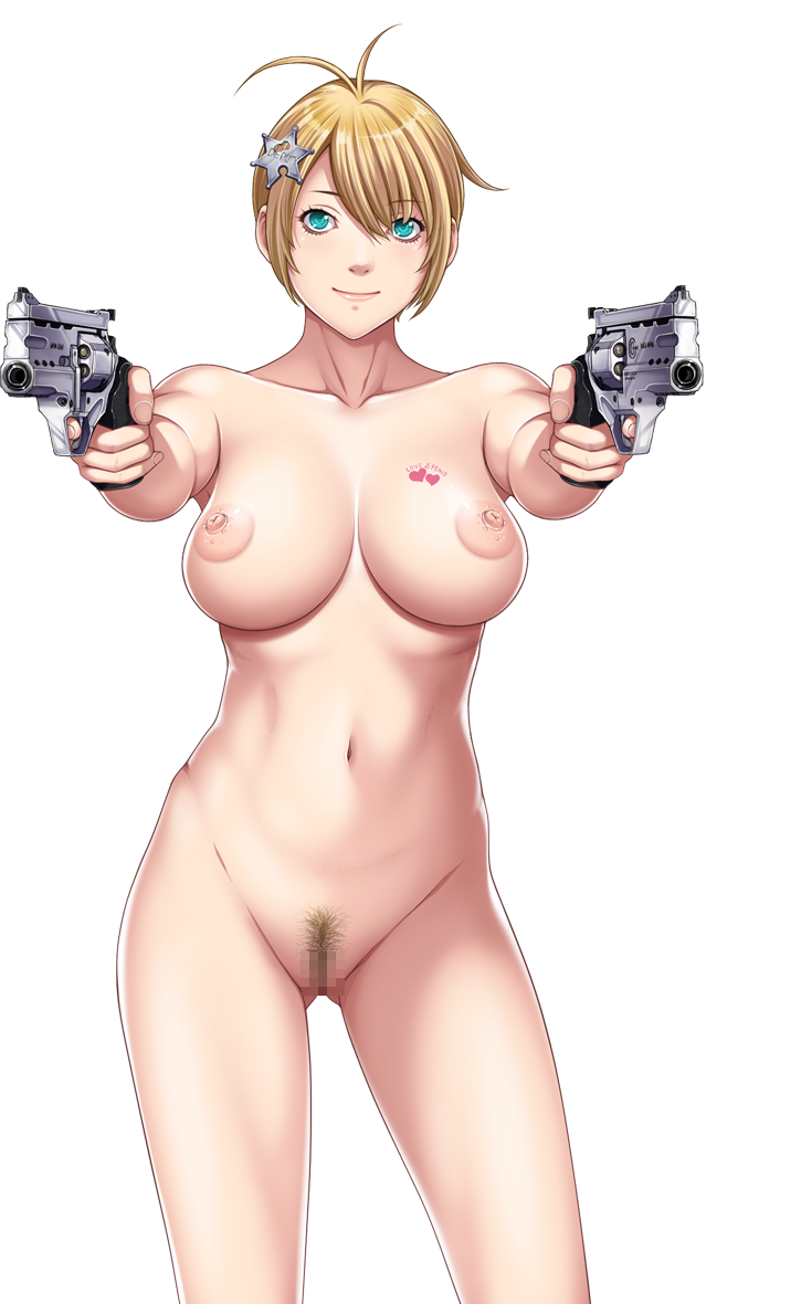 areolae blonde_hair blue_eyes breasts celicia_lockhart censored closed_game female game_cg gun highres large_breasts legs looking_at_viewer mosaic_censoring navel nipples nude nude_female pubic_hair pussy sei_shoujo short_hair simple_background smile standing tattoo thighs transparent_background weapon