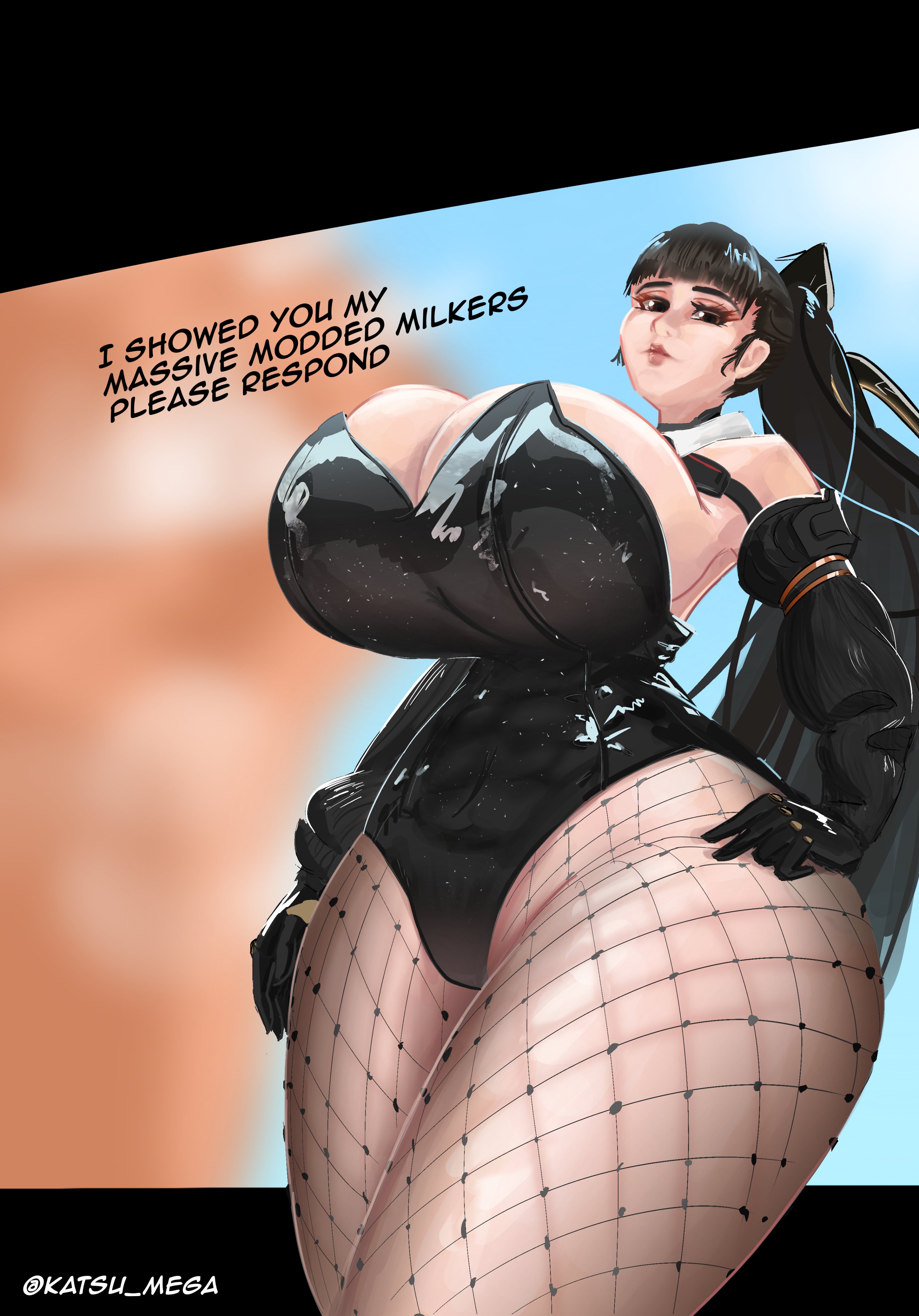 1girls, alternate breast size, big breasts, breasts, breasts bigger than head, bunnysuit, clothing, english text, eve (stellar blade), female, female only, fishnets, huge breasts, katsu mega, light skin, light-skinned female, solo, stellar blade, text, thick thighs