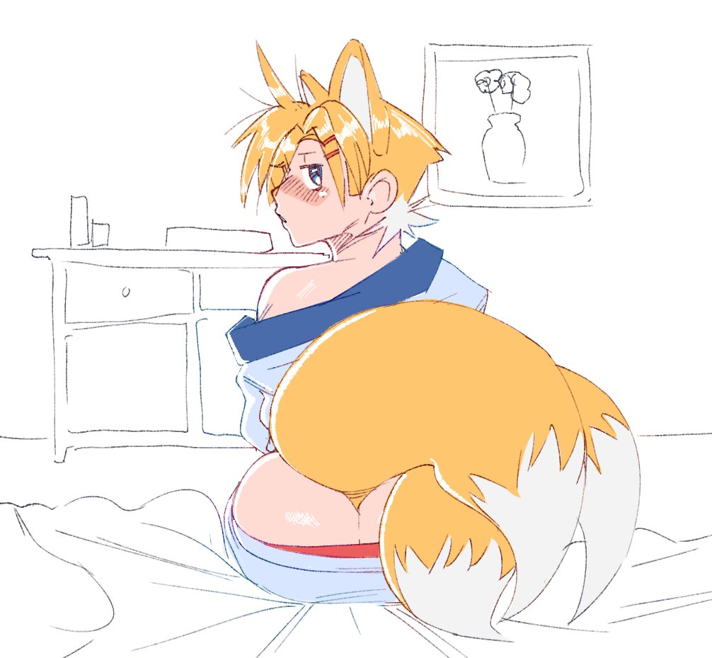 2025, 3 tails, accidental exposure, animal ears, animal tail, anthro, anthropomorphization, ass, ass cleavage, ass exposed, ass focus, bed, bedroom, blue eyes, butt exposed, femboy, fox boy, fox ears, fox humanoid, fur, humanized, light skin, light-skinned femboy, light-skinned male, looking at viewer, looking back, looking back at viewer, lovettica, male, multi tail, on bed, orange ears, orange fur, orange hair, orange tail, pajama bottoms, pajama pants, pajamas, pants, rear view, sega, shoulders, sonic (series), sonic the hedgehog (series), tail, tail tuft, tails, tails the fox, twink, two-tone hair, underwear, white fur, white hair, white tail tip