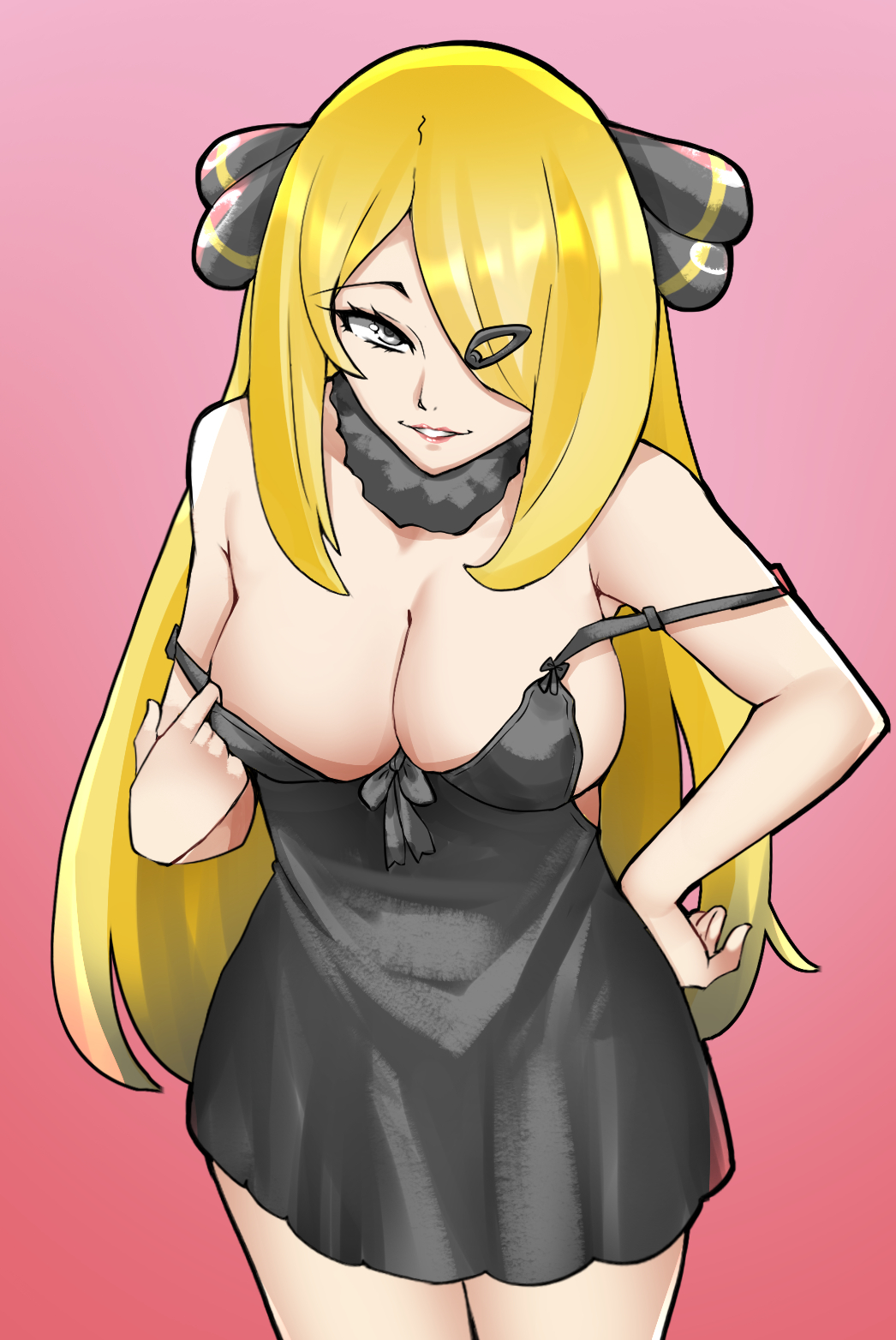 1340smile, 1girls, alternate costume, black dress, breasts, cleavage, cynthia (pokemon), dress, female, fur collar, gradient background, grey eyes, hair ornament, hair over one eye, hand on own hip, highres, large breasts, long hair, looking at viewer, nintendo, pink background, pokemon, pokemon dppt, solo, strap slip, very long hair
