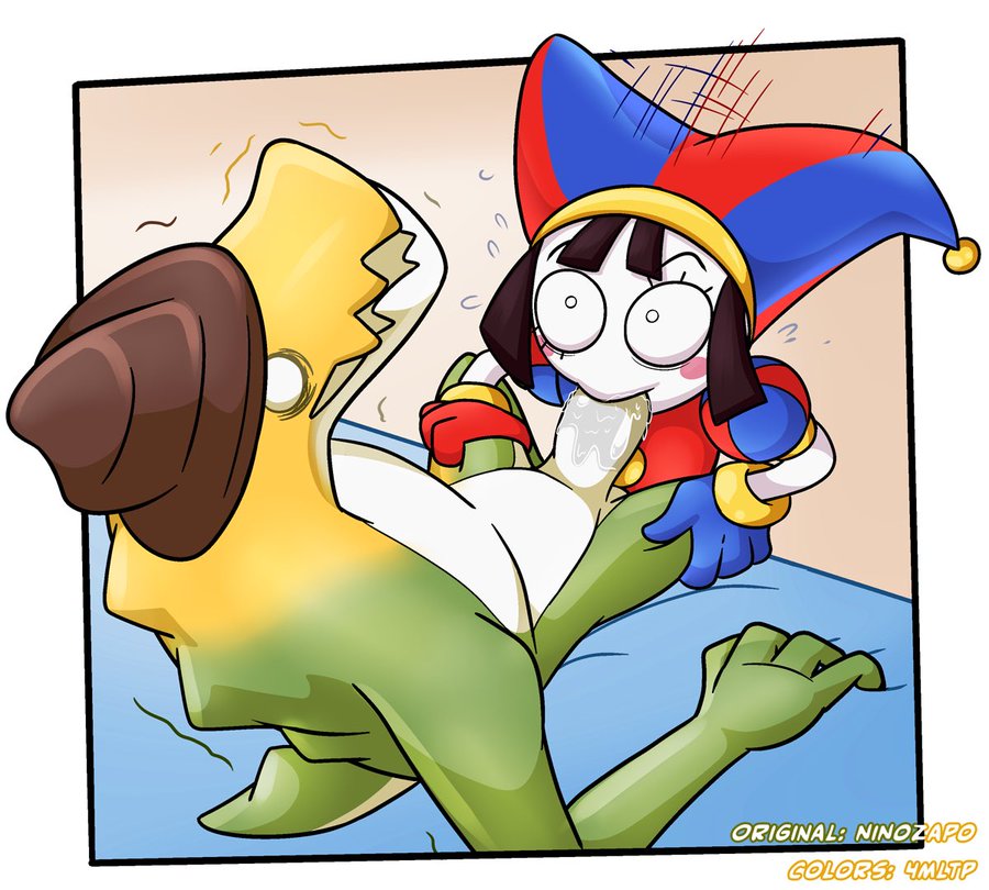 4 fingers, 4mltp, anthro, bed, blush, clown girl, erect penis, fedora, fellatio, female, glitch productions, gloves, grabbing legs, green skin, gummigoo (tadc), gummigoo (the amazing digital circus), jester hat, male, motion lines, ninoeros, ninozap0, penis, pomni, pomni (the amazing digital circus), reptile, saliva, scalie, straight, tail, the amazing digital circus, theforemzone, yellow skin