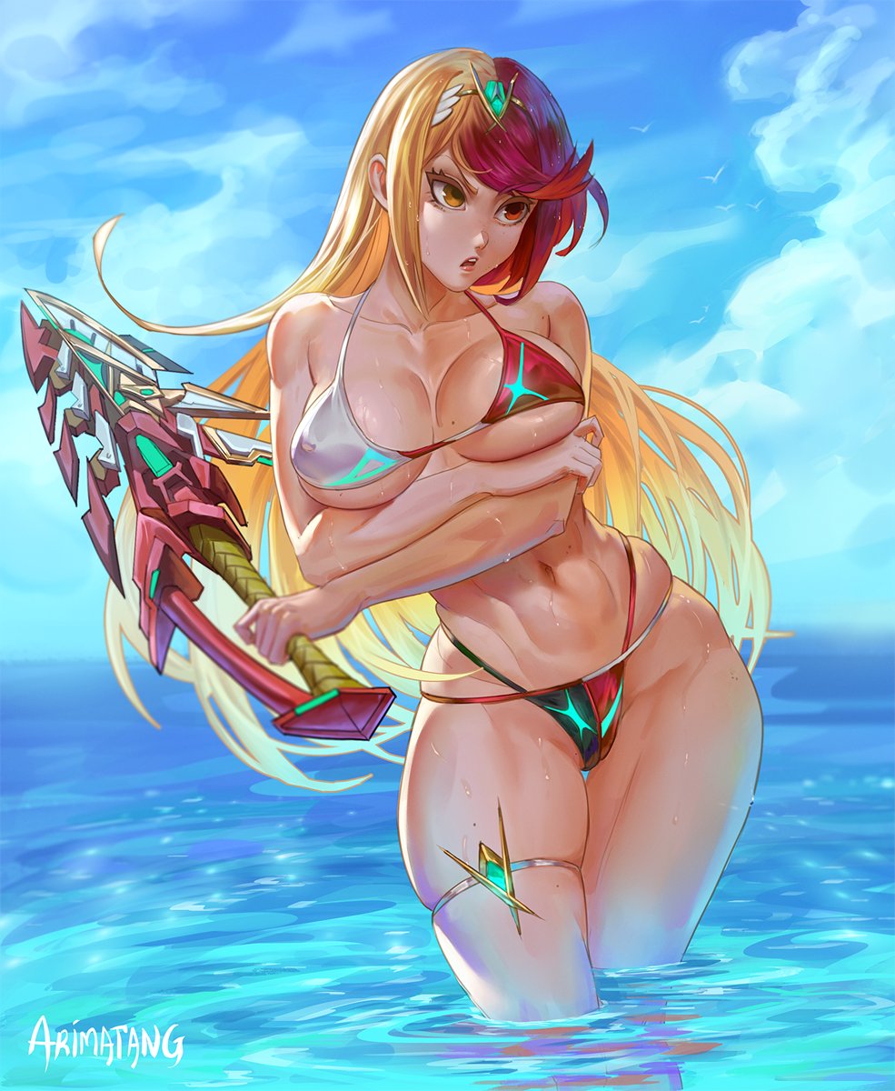 1girls, arimatang, big areola, big breasts, big thighs, bikini, bikini bottom, bikini top, breasts, busty, busty female, female, fusion, huge thighs, large breasts, mythra, mythra (xenoblade), pyra, pyra (xenoblade), thick legs, thick thighs, thigh gap, thunder thighs, thunderthighs, wide hips, wide thighs, xenoblade chronicles 2