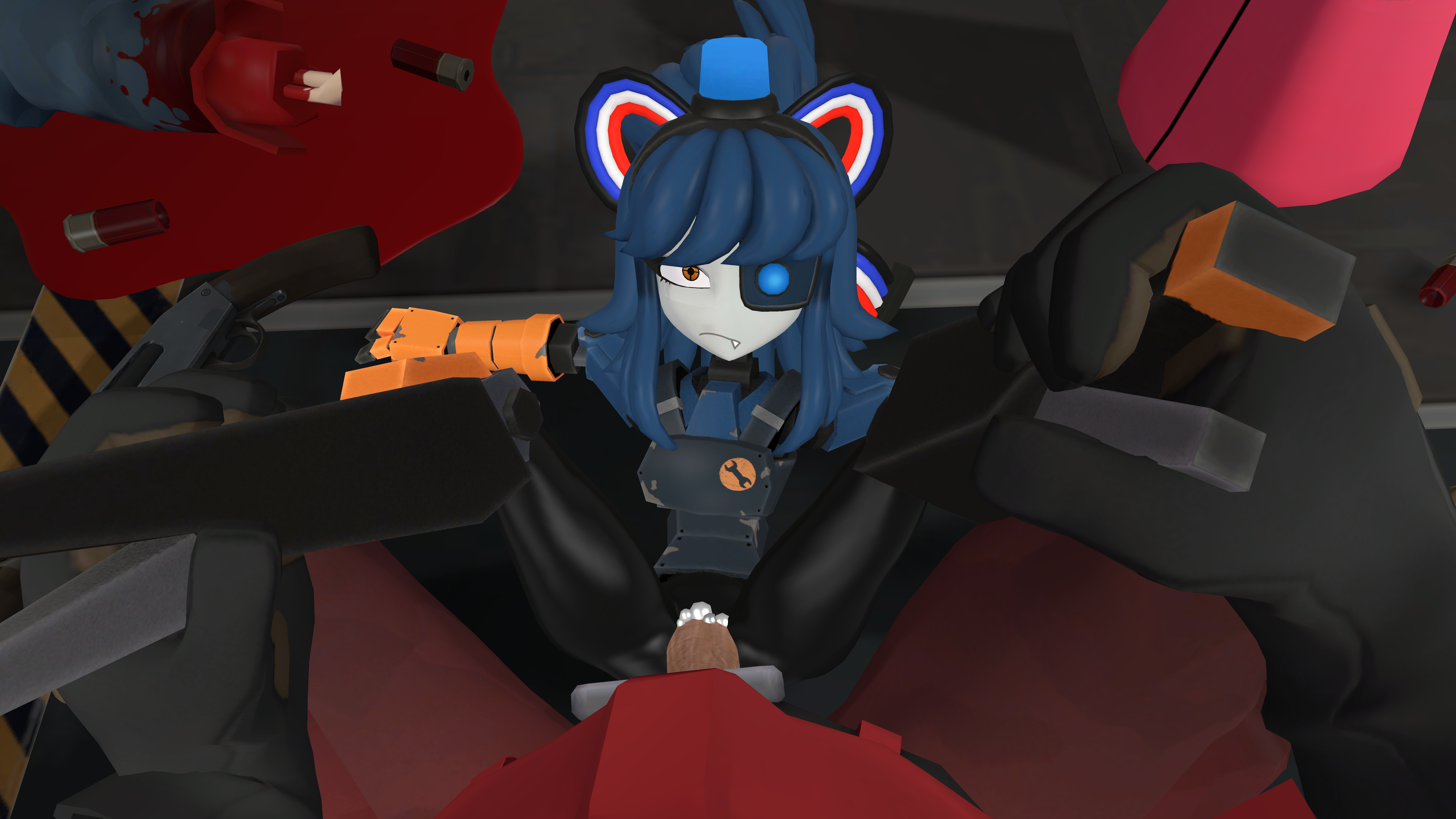 1boy, 1girls, 3d, after battle, bullet casings, cum, cum inside, death, female, garry's mod, glare, guro, male, male death, mercenary (character), mimi sentry, piledriver position, ponytail, pov, pov eye contact, raped, robot, robot girl, shotgun shells, straight, team fortress 2, weapon
