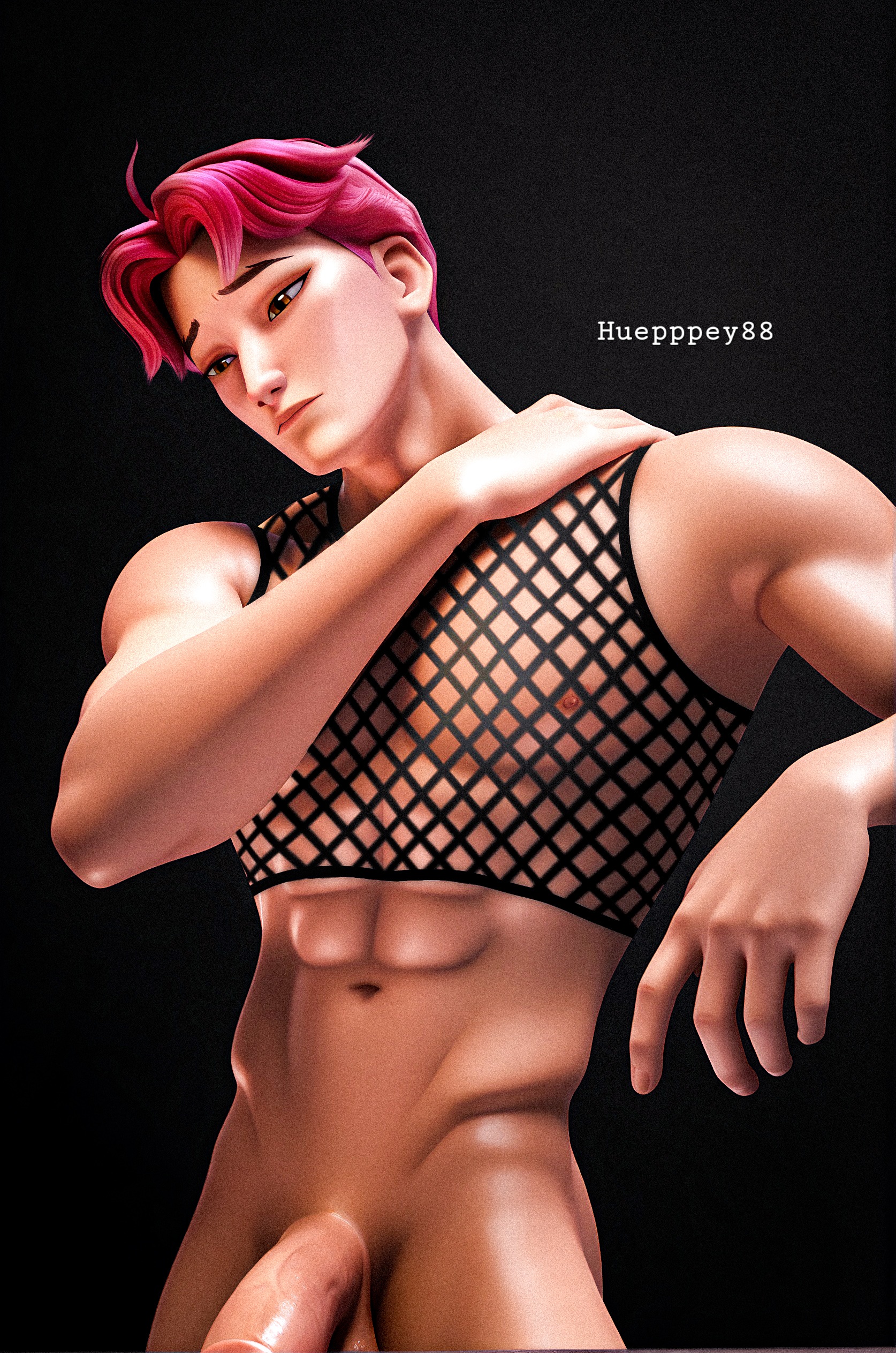 abby (kpop demon hunters), abby saja, abs, ai assisted, ai generated, black background, croptop, eyebrows raised, fishnet clothing, fishnets, huepppey88, kpop demon hunters, male, male only, nipples visible through clothing, pink hair, saja boys, shirtless, shirtless male, yellow eyes