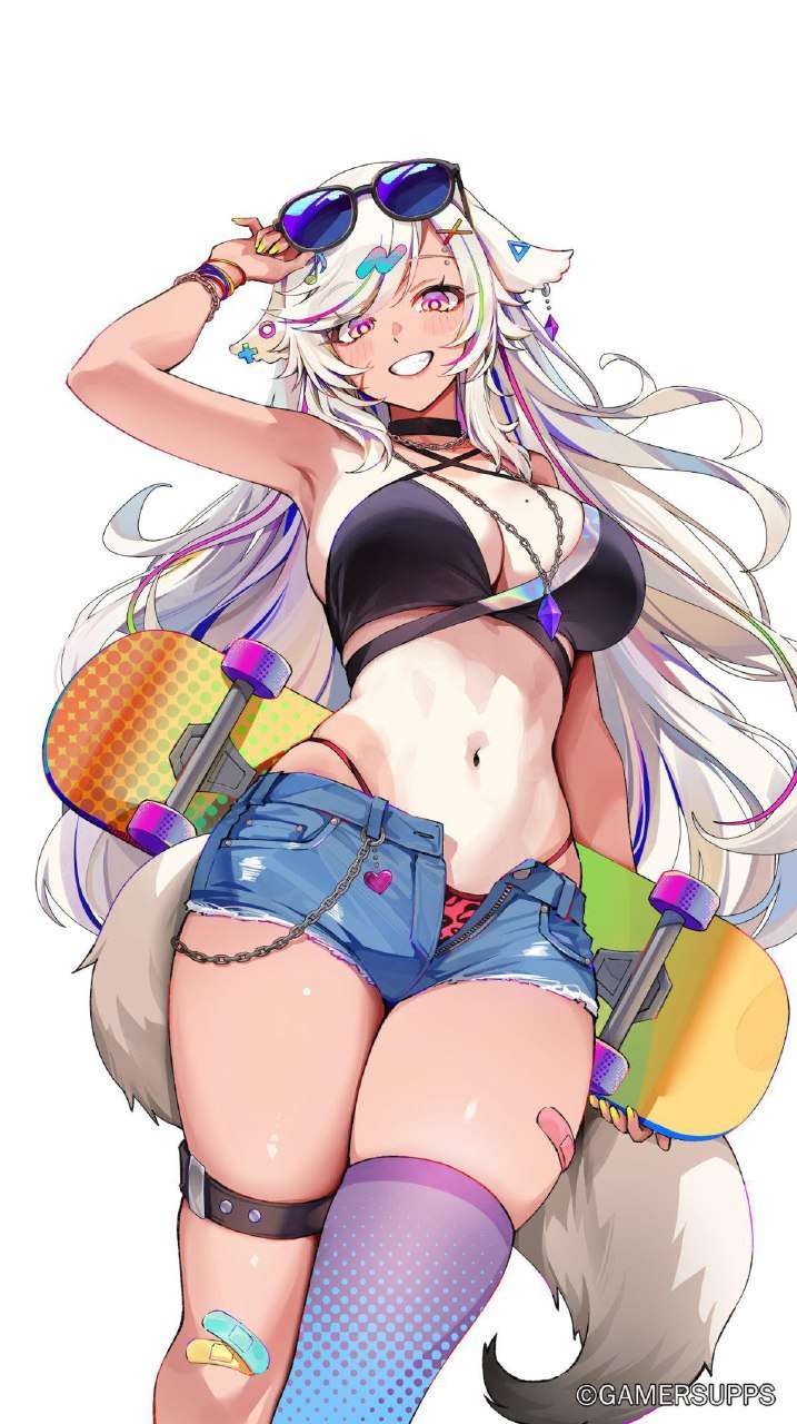 1girls, animal ears, animal tail, armpits, asymmetrical legwear, belly, belly button, breasts, cleavage, crop top, denim shorts, eyewear on head, female, female only, gamersupps, gyaru, hair ornament, heart, hotpants, leopard print, leopard print panties, long hair, nail polish, navel, necklace, painted fingernails, painted nails, panty peek, pink eyes, purple eyes, revealing clothes, short shorts, shorts, skateboard, skindentation, stocking, sunglasses, thighs, unzipped, white hair