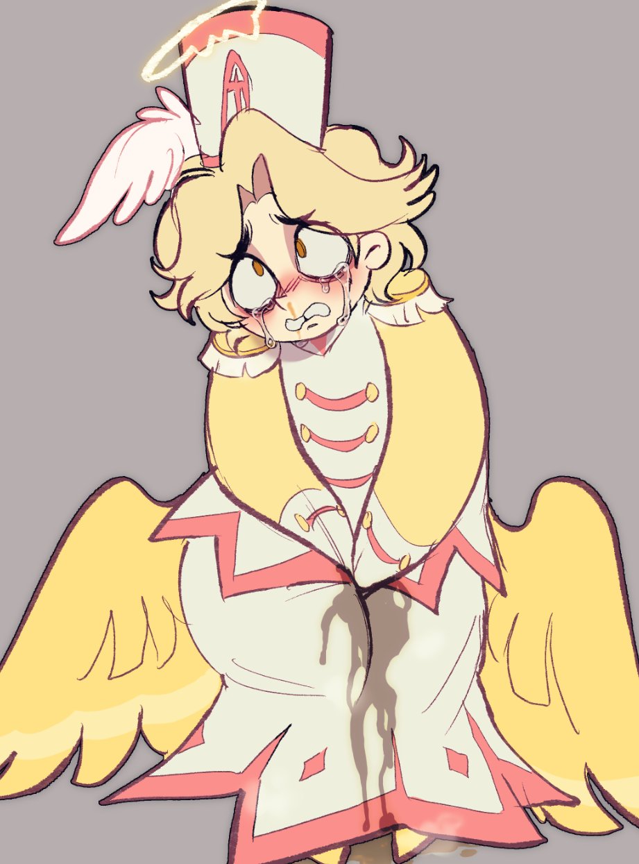 abel (hazbin hotel), blush, blushing male, crying, crying with eyes open, embarrassed, hazbin hotel, nosebleed, omorashi, peeing, peeing self, piss soaked, piss soaked clothes, reverentdeity, urine, winged humanoid, wings