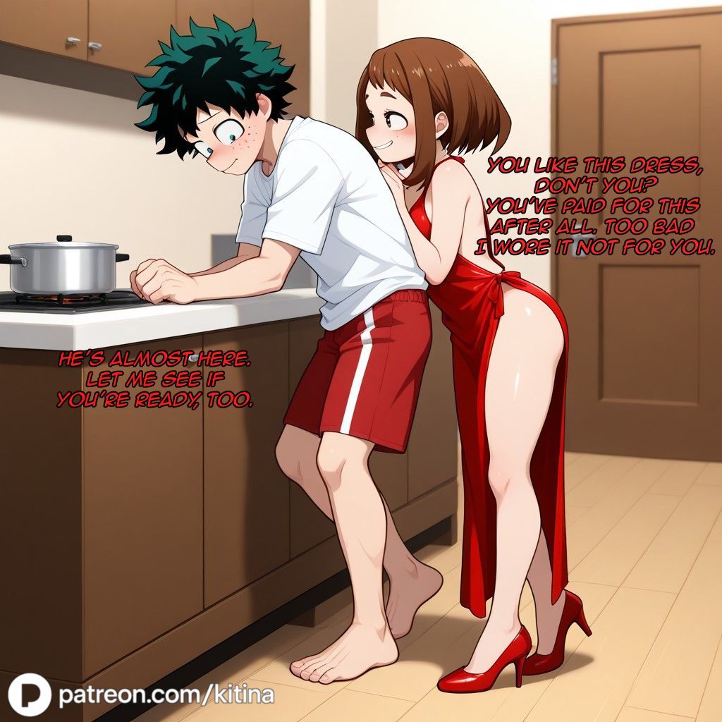 1boy 1girls ai_generated bare_shoulders boku_no_hero_academia brown_hair cuckold cuckolding curly_hair deku embarrassed english_text female femdom femdom_caption findom freckles green_eyes green_hair horny kitina light-skinned_female light-skinned_male light_skin midoriya_izuku my_hero_academia ntr red_dress revealing_clothes short_hair shorts smiling tagme teasing text uraraka_ochako white_shirt