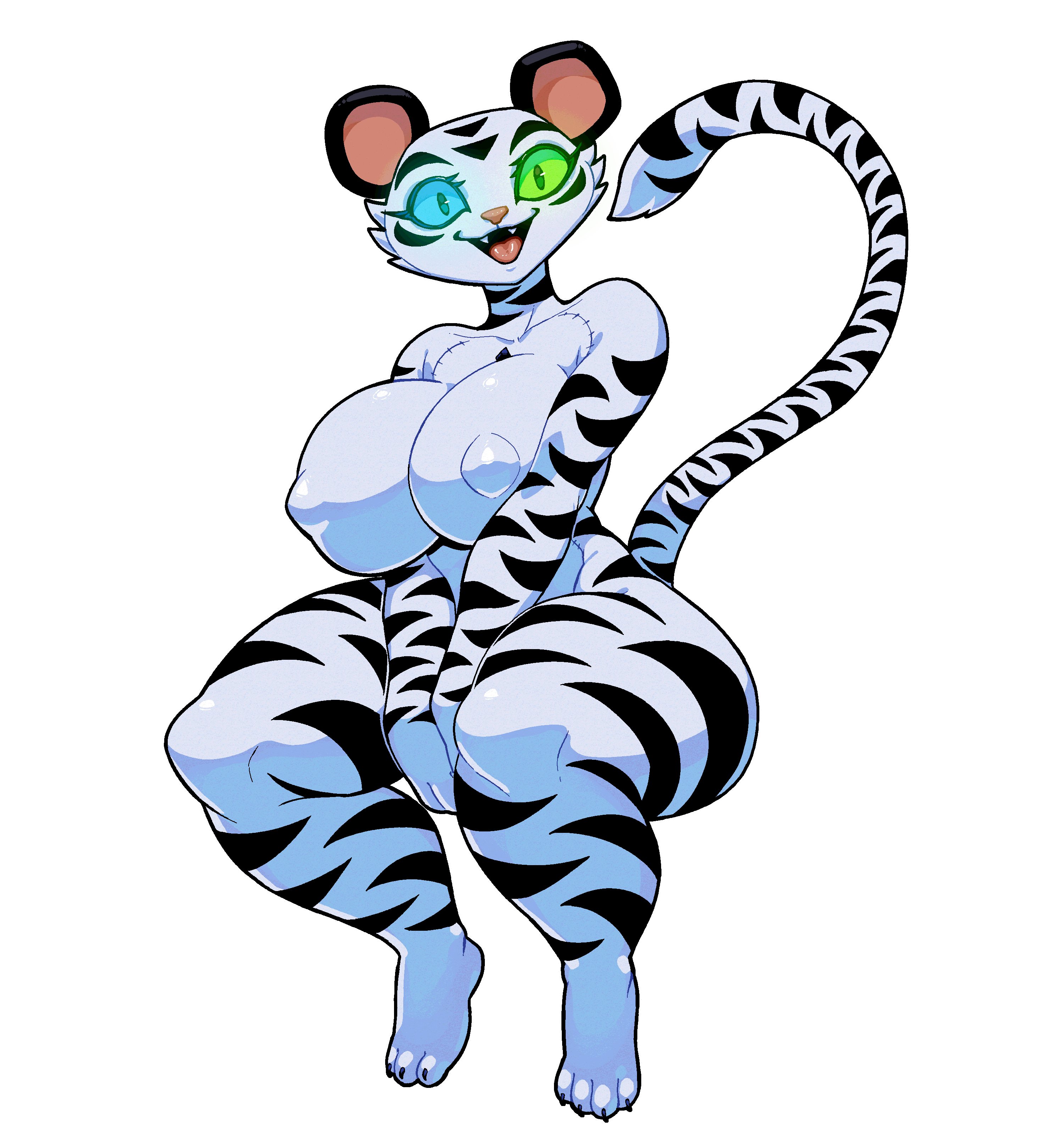 black stripes, breasts, female, five nights at freddy's, five nights at freddy's: secret of the mimic, furry, genderswap, genderswap (mtf), heterochromia, mascot costume, neontetrix, nipples, rule 63, solo, tiger, white fur, white tiger (fnaf)