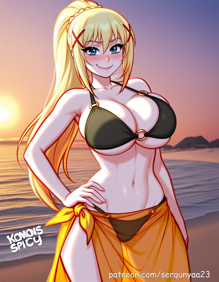 1girls, ai generated, beach, blonde hair, breasts, darkness (konosuba), female, huge breasts, kono subarashii sekai ni shukufuku wo!, konosuba, sarong, sergunyaa23, tagme