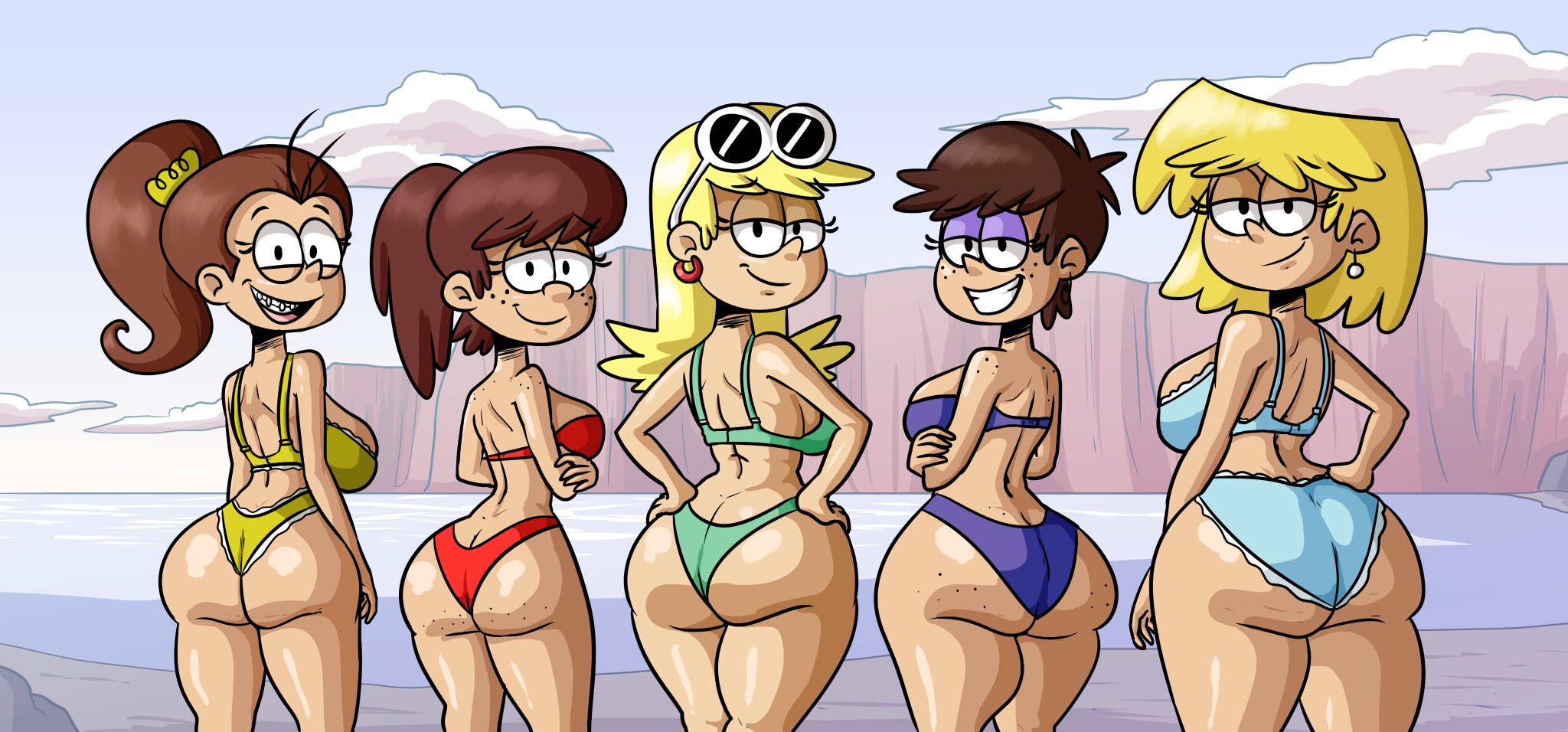 5girls, absurd res, ass, ass focus, beach background, bikini, blonde hair, brown hair, female, freckled skin, freckles on ass, grinning, hi res, leni loud, looking back, looking back at viewer, lori loud, luan loud, luna loud, lynn loud, max1mus, nickelodeon, smiling, the loud house, thick thighs, wide hips