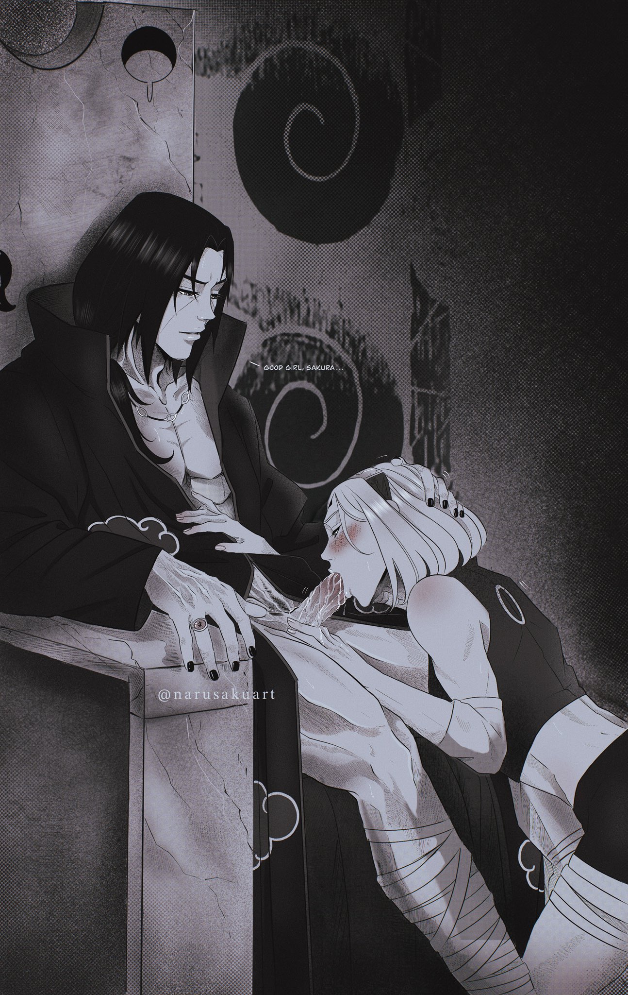 1boy, 1girls, adult and teenager, age difference, akatsuki (naruto), bandages, black and white, black hair, blowjob, blush, bottomless, bottomless male, brother in law and sister in law, cheating, cheating girlfriend, clothed, clothed sex, clothing, coat, cock worship, colored eyes, crop top, elbow pads, fellatio, female, green eyes, hairband, hand on head, head pat, headband, hetero, high collar, highres, kneeling, konohagakure symbol, male, male/female, midriff, monochrome, nail polish, narusakuart, naruto, naruto (series), naruto shippuden, naruto: the last, netorare, older male, on knees, oral, oral sex, partially colored, penis, penis in mouth, ponytail, ring, sakura haruno, saliva, sex, short hair, shorts, sitting, sleeveless, sleeveless shirt, straight, sucking, sucking penis, throne, toned, toned male, uchiha itachi, uchiha symbol, uncensored, worship, younger female