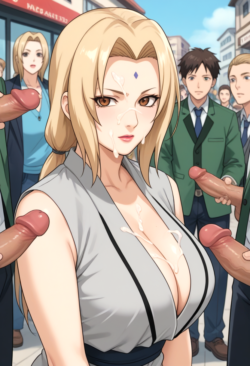 1girls ai ai_generated anime blonde_hair blue_sky brown_hair buildings bukkake business_attire city_background cleavage cum day ejaculation female gang_bang gangbang group hentai large_breasts light-skinned_female long_hair male multiple_penises naruto nipples_visible_through_clothing penis public suggestive tsunade