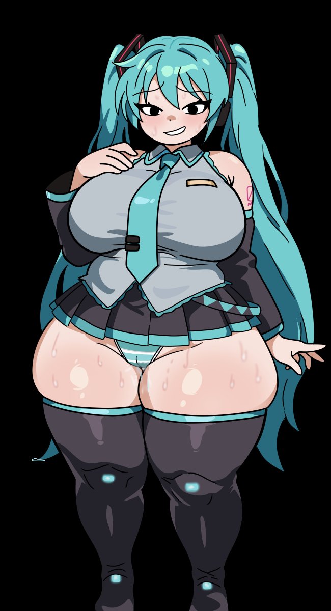 1girl, 1girls, aqua hair, aqua necktie, ass, bare shoulders, big ass, big breasts, big butt, big titties, black background, black eyes, black skirt, black thighhighs, blush, boots, breasts, cameltoe, chubby, chubby female, clothing, curvaceous, curvaceous female, curvaceous figure, curvy, curvy figure, curvy hips, cyan hair, detached sleeves, female, female only, grey shirt, grin, hatsune miku, huge breasts, long hair, looking at viewer, mr.brightside, necktie, panties, pleated skirt, plump, shirt, simple background, skindentation, skirt, sleeveless, sleeveless shirt, smile, solo, solo female, striped, striped panties, sweat, tattoo, thick thighs, thigh boots, thigh highs, thighhighs, thighs, twintails, underwear, very long hair, vocaloid, wide hips