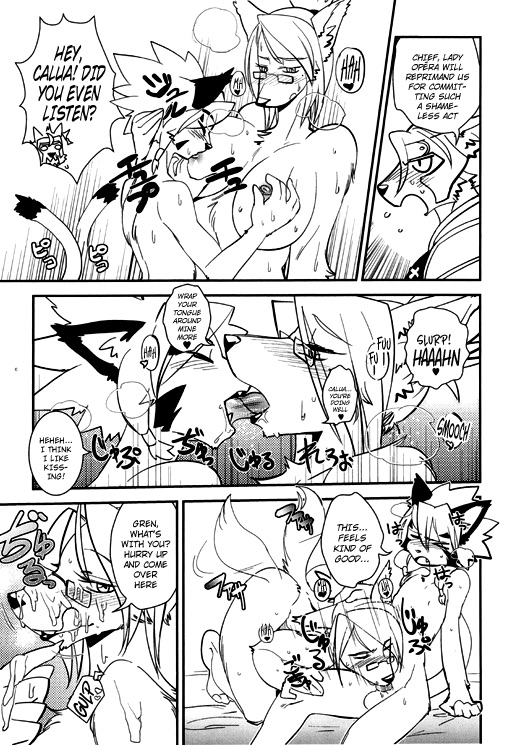 anthro balls big_breasts blush breasts calua_napage canine canine comic doujinshi feline fellatio female fur gren_sacher hair japanese kazuhiro kemono kissing male mammal merveille_million monochrome nipples nude oral penis sex solatorobo